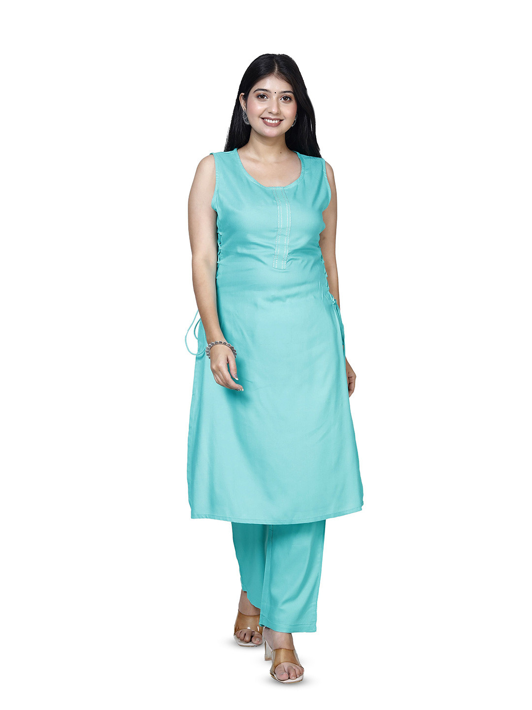 SAKURA Women Solid Straight Calf Length Regular Kurta with Trousers