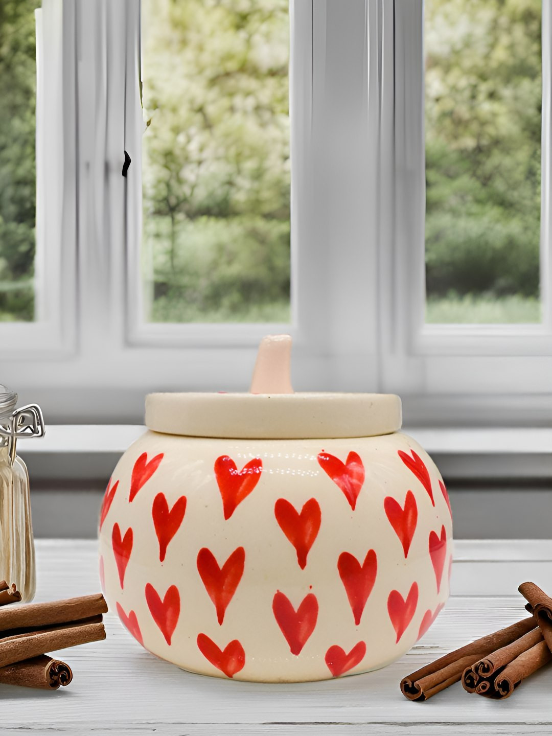 Kraftlik Handicraft Tray-Apple White Typography Ceramic Easy To Clean Flip Top Jar-500ml