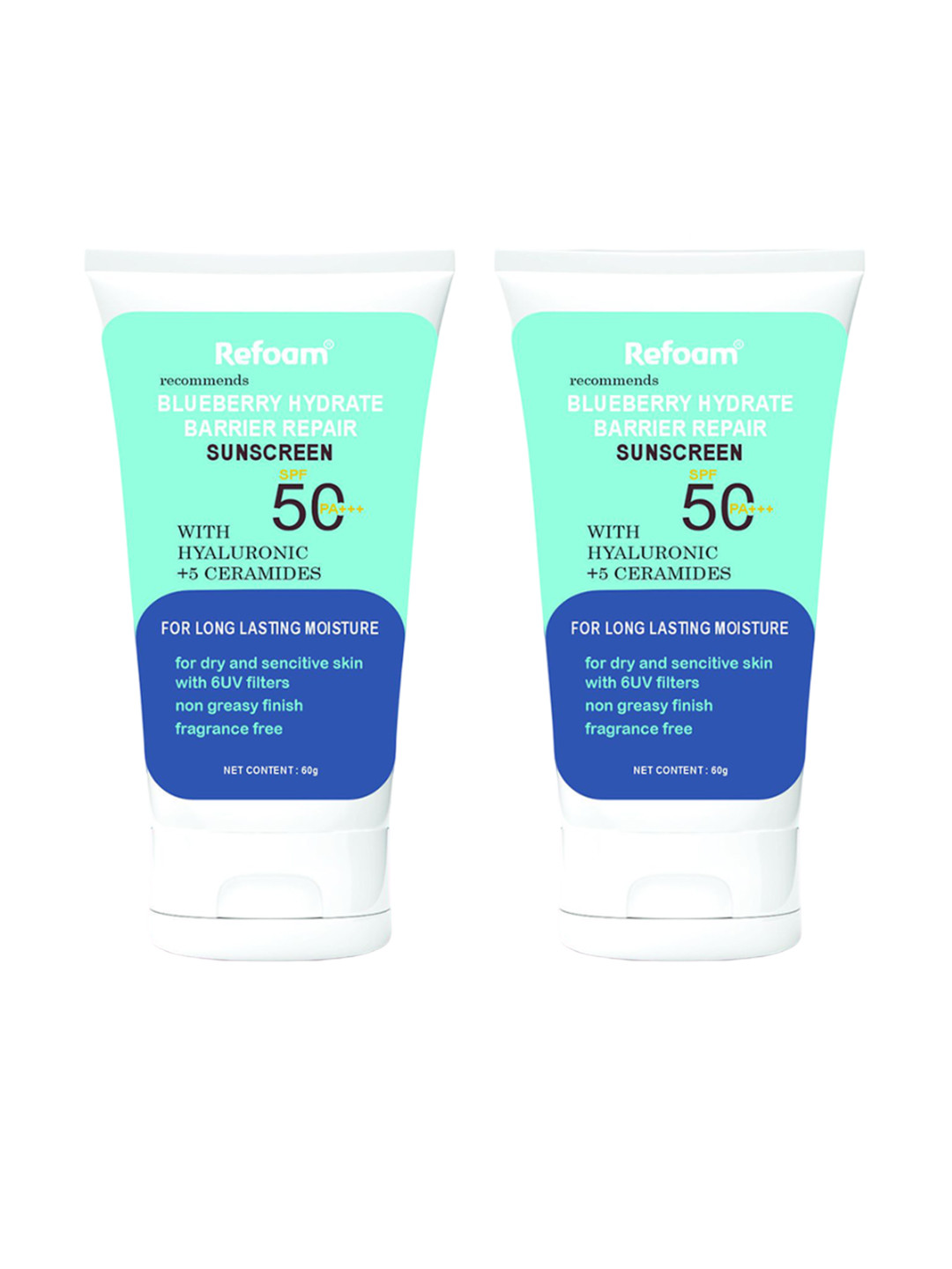 REFOAM Set Of 2 Blueberry Hydrate Barrier Repair Sunscreen SPF50 PA+++ - 60 g Each