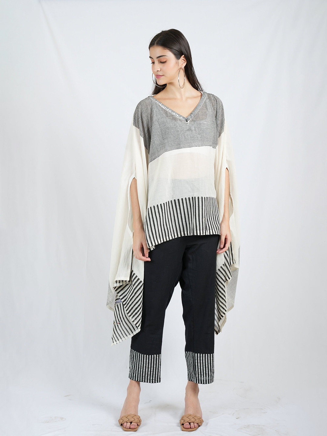 Banana Labs Striped Slit Sleeve A-Line Cotton Top with Pants Set of 2