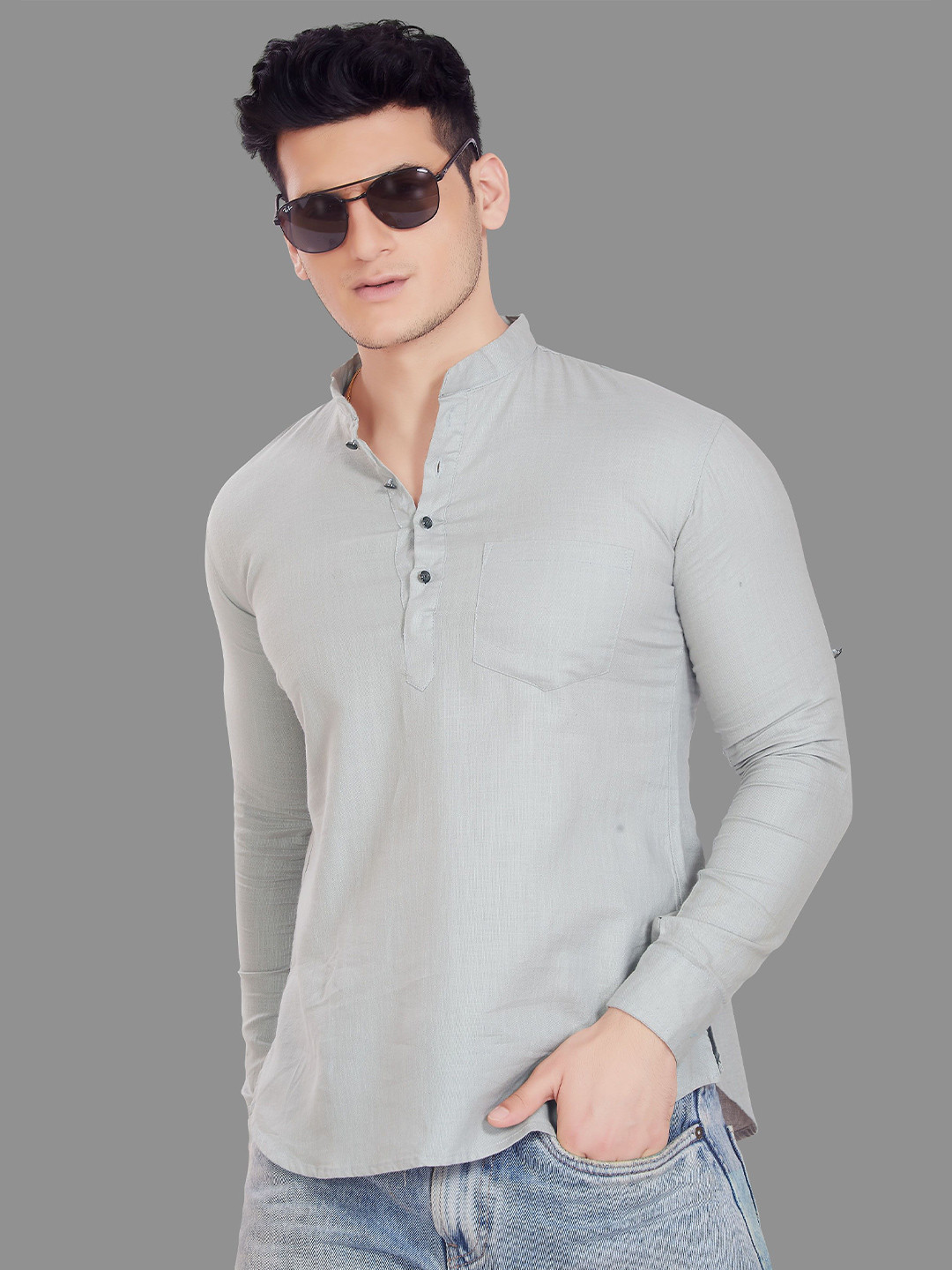 PulseIQ Band Collar Roll-Up Sleeves Pure Cotton Straight Kurta