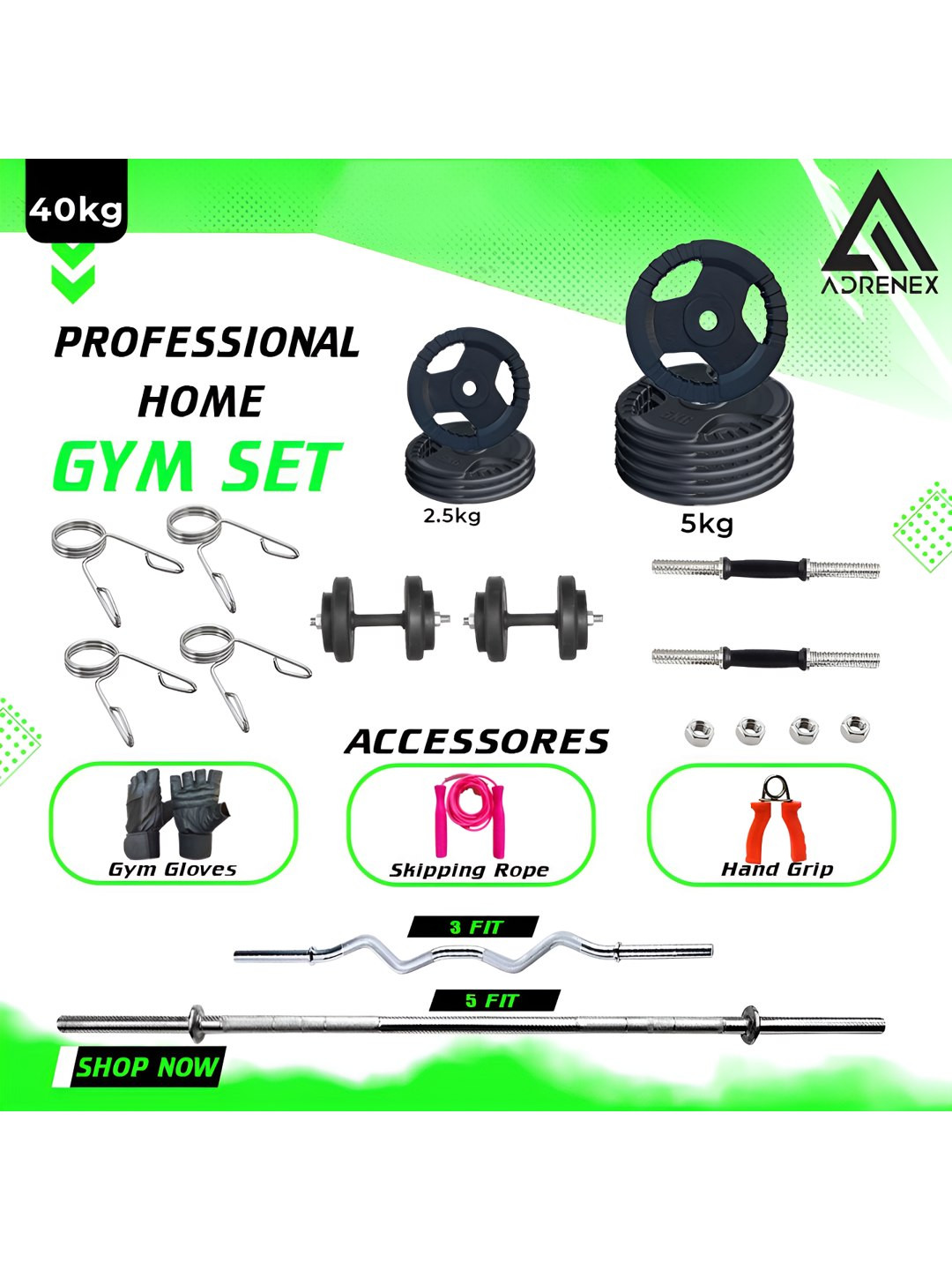 ADRENEX Set Of 27 Standard & Curl Rod Home Gym Combo