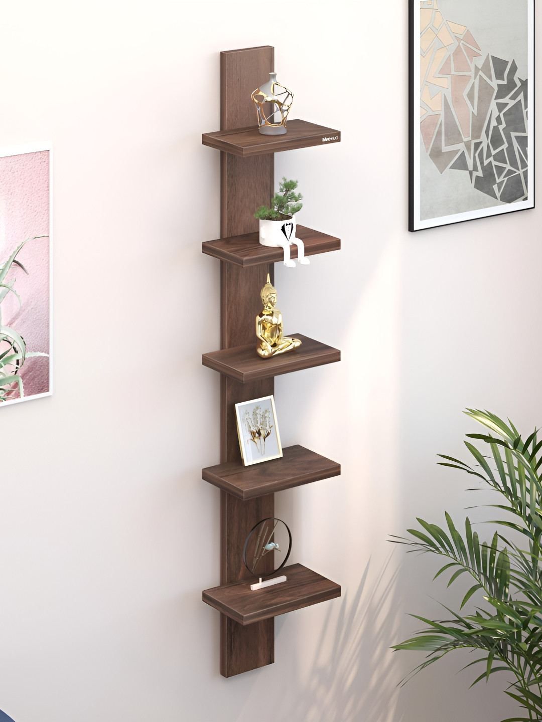 bluewud Louis Brown Wall Mounted Maple-Wood 5-Tier Shelf