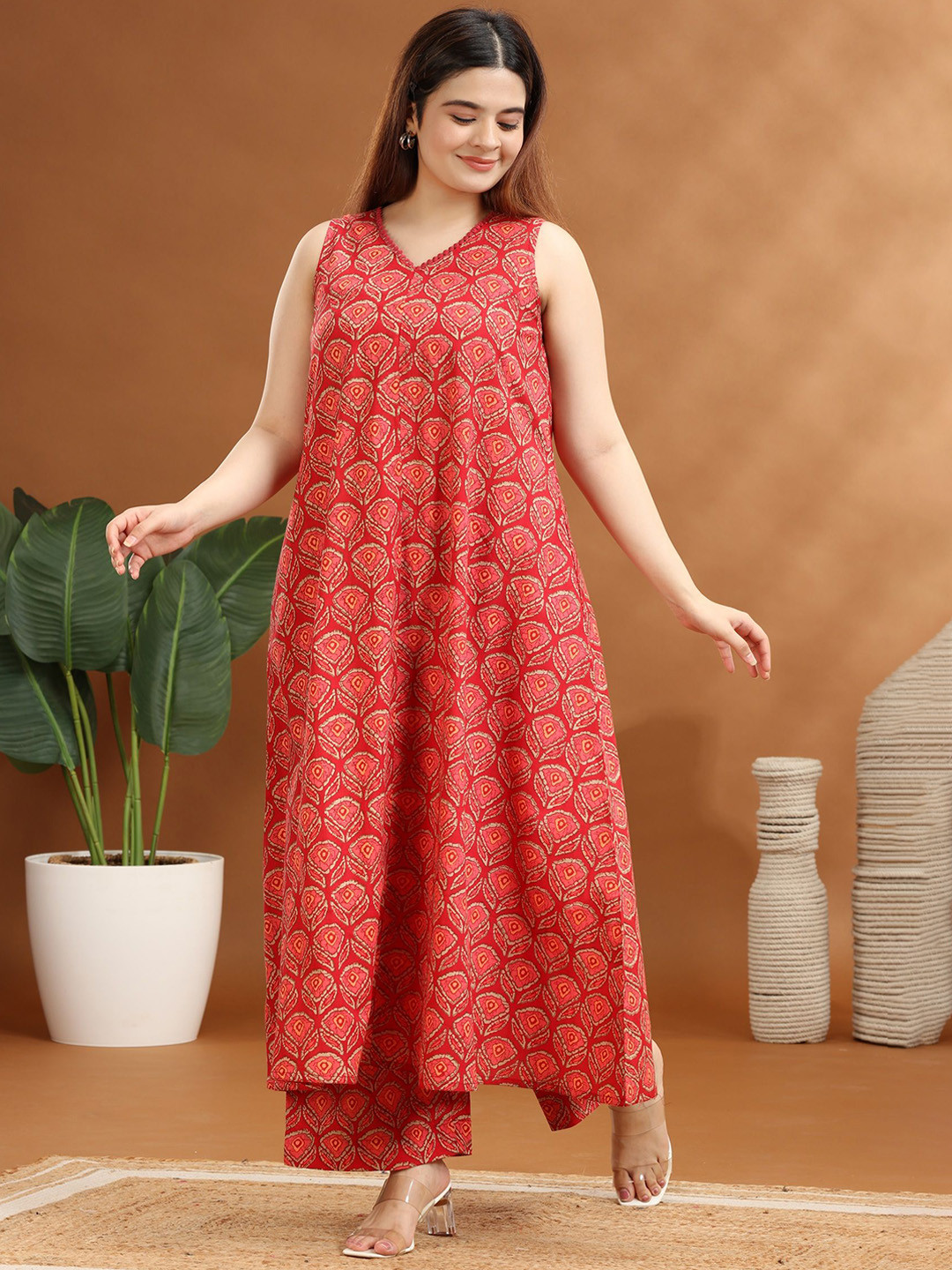 COTTON CULTURE Women Pink Cotton Printed A Line Kurta and Pant Set