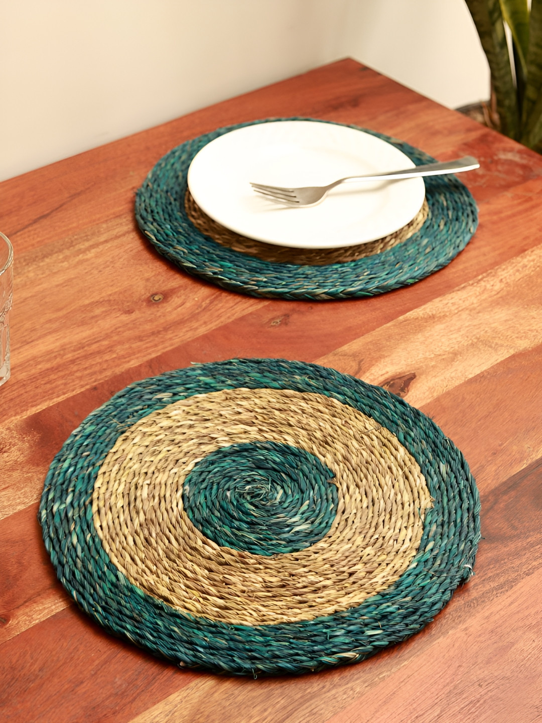 Unravel India 2-Pcs Brown & Green Spiral Round Coasters