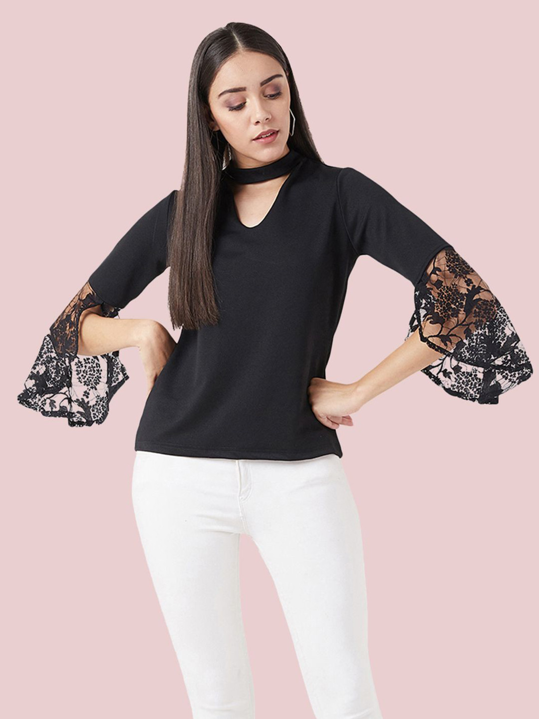 DressBerry Clear Thoughts Women Solid Keyhole Neck Bell Sleeve Top