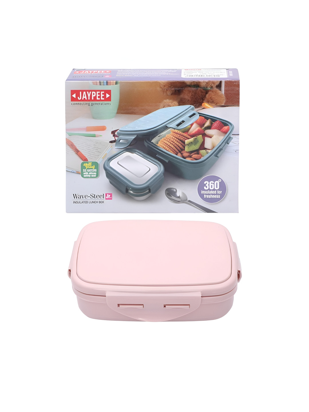 JAYPEE WAVE JR Pink Solid Plastic Easy to Clean 2PCs Lunch Box With Spoon and Fork