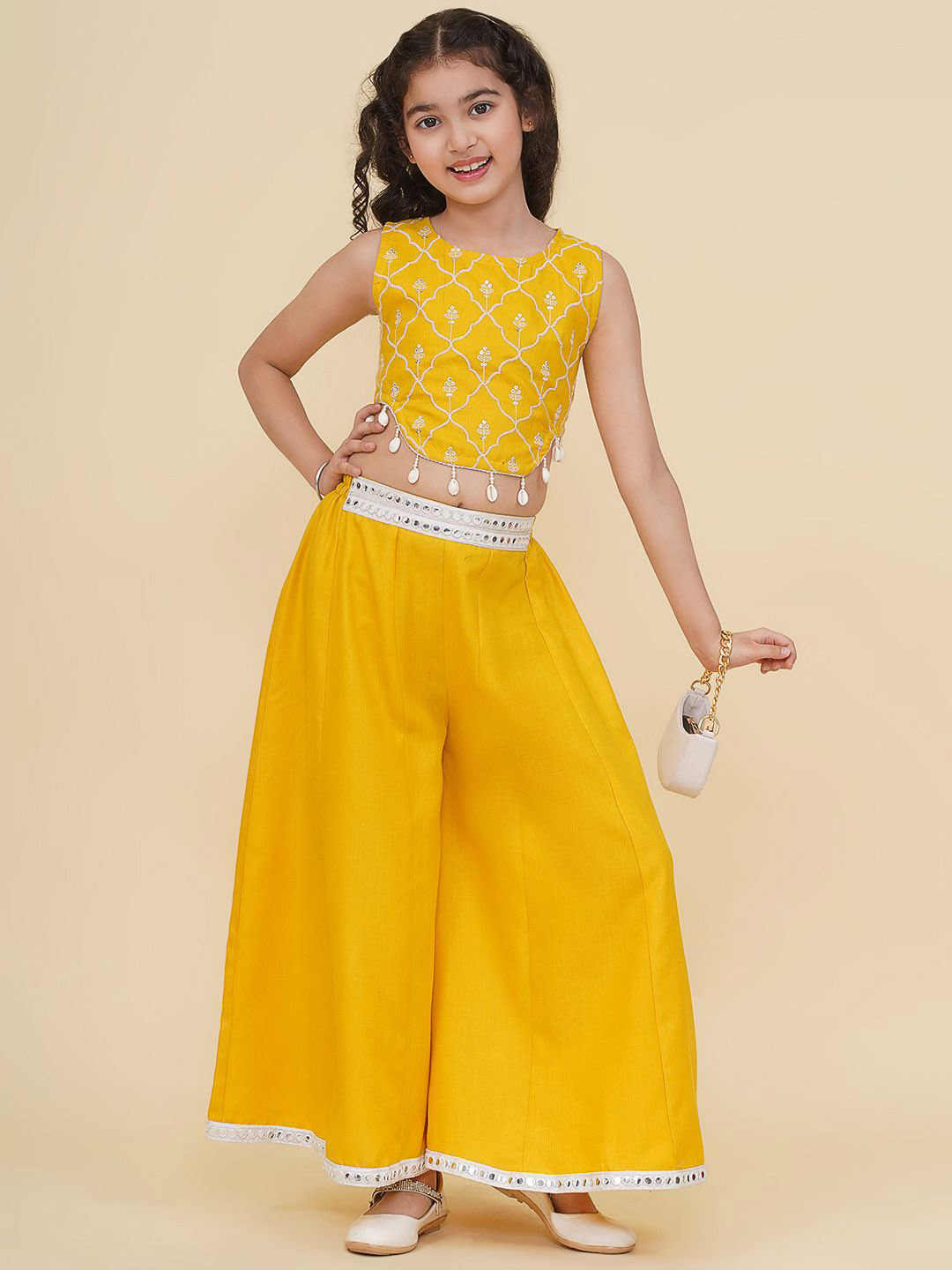 Bitiya by Bhama Floral Embellished Round Neck Crop Top With Palazzos