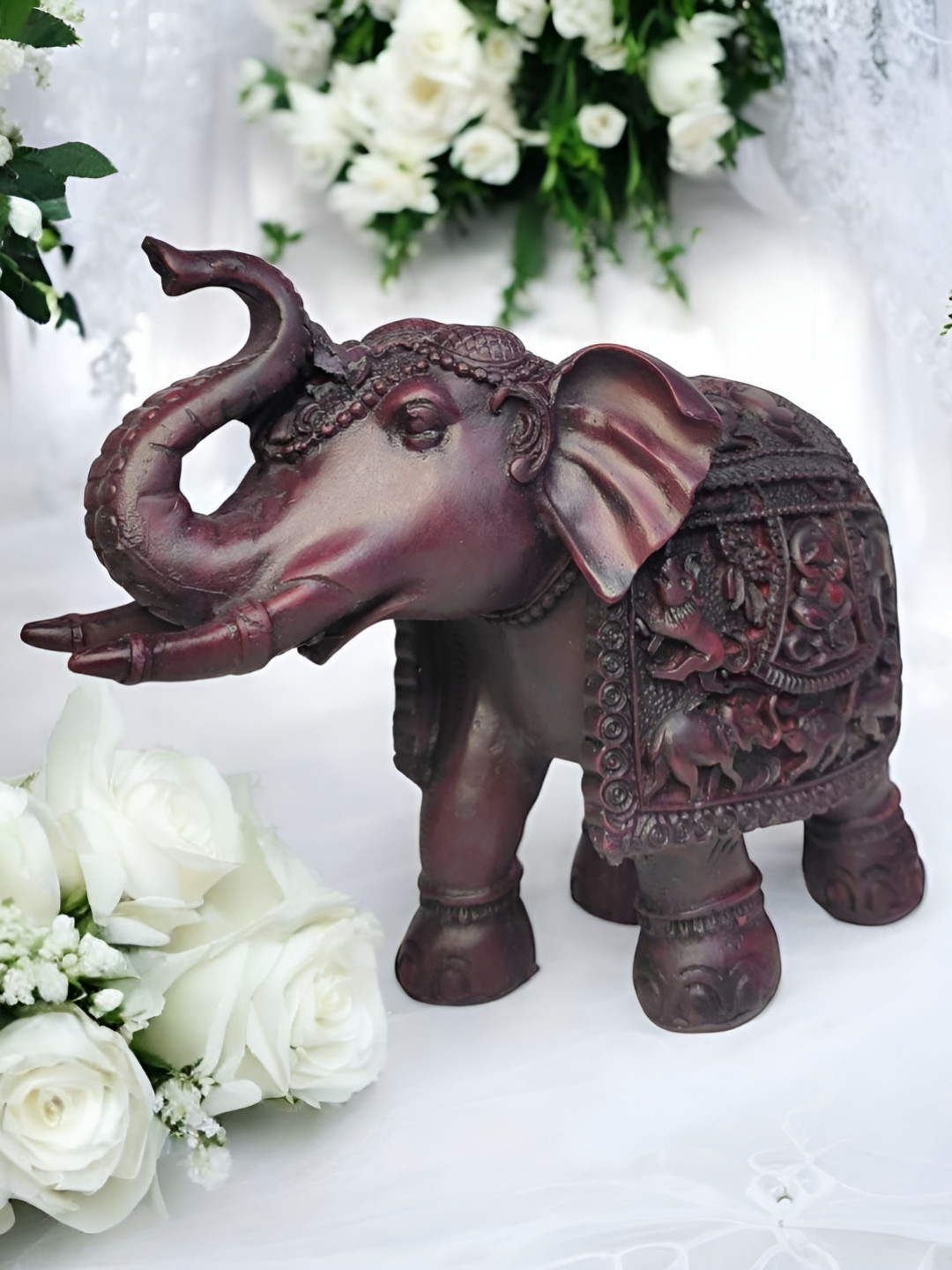 GLOBAL AROMA Elephant Trunkup Maroon Resin Glossy Living Room Small Showpiece - 7.1 Inches