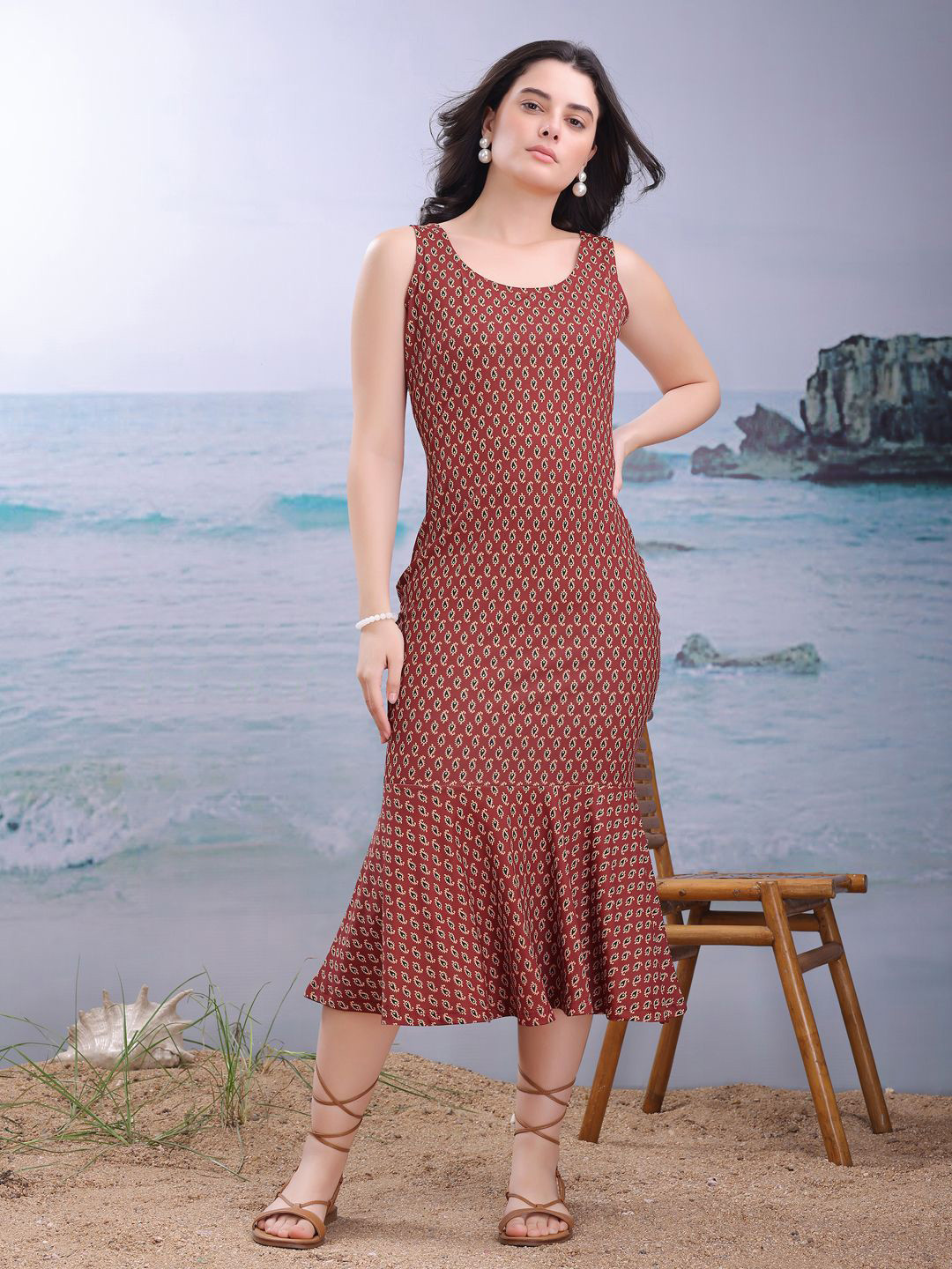 PURVAJA Women Printed Brown Fit and Flare Midi Dress