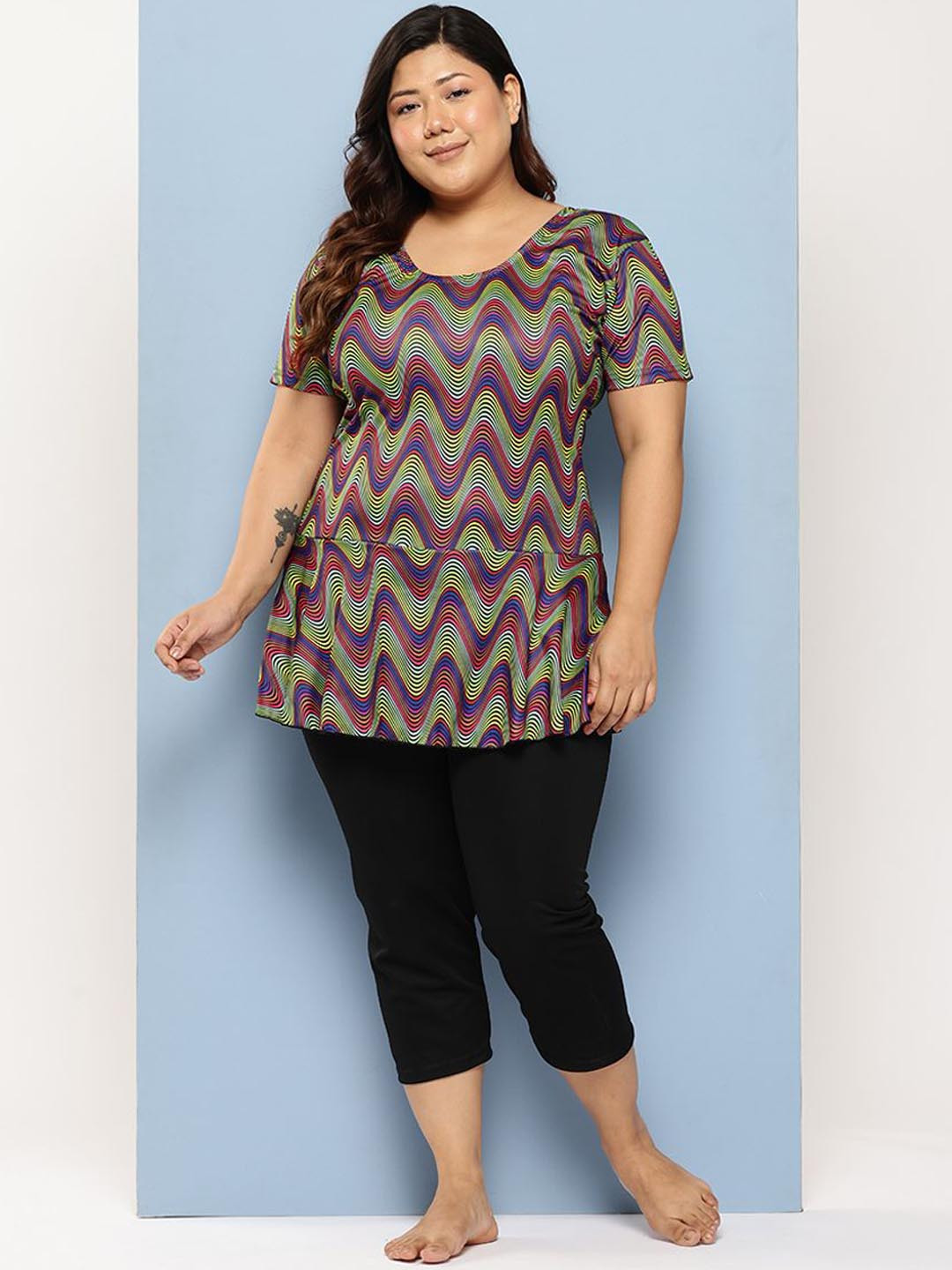 Aarika Abstract Printed Plus Size Swim Suit With Swim Cap
