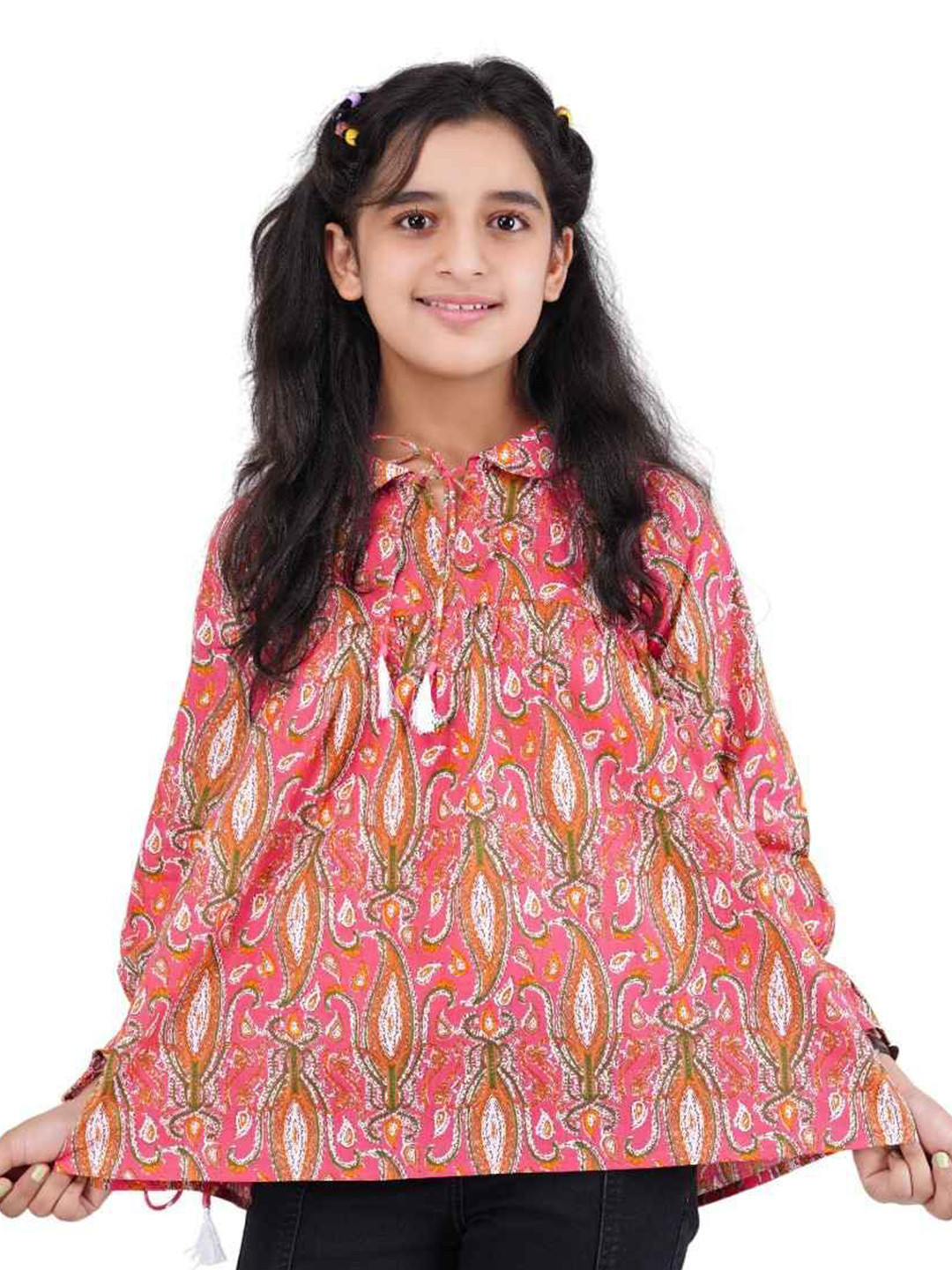 DMP FASHION Girls Abstract Print Gathered or Pleated  Tie-Up Neck Cotton Top