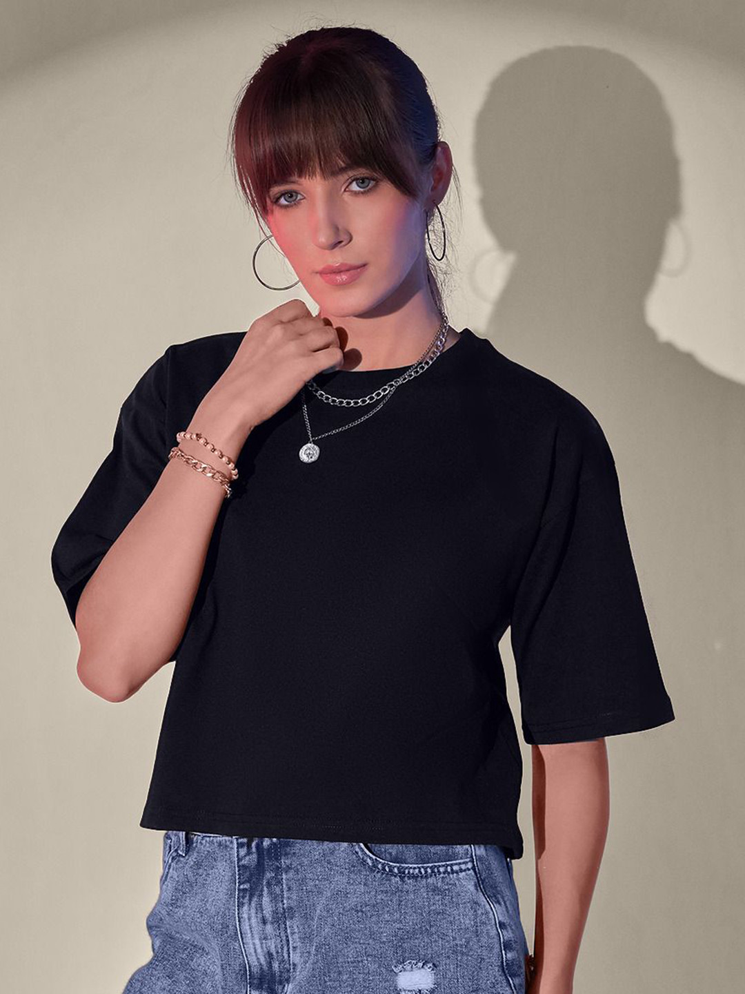 QIOA Round Neck Casual Cotton Regular Fit T-shirt