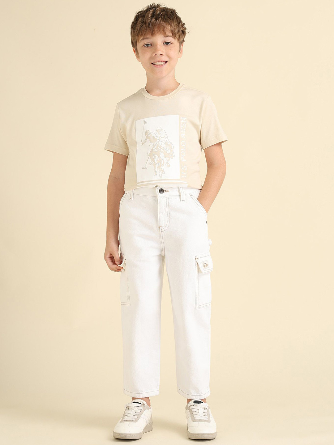 U.S. Polo Assn. Kids Boys Baggy Mid-Rise Pure Cotton Cargos Jeans