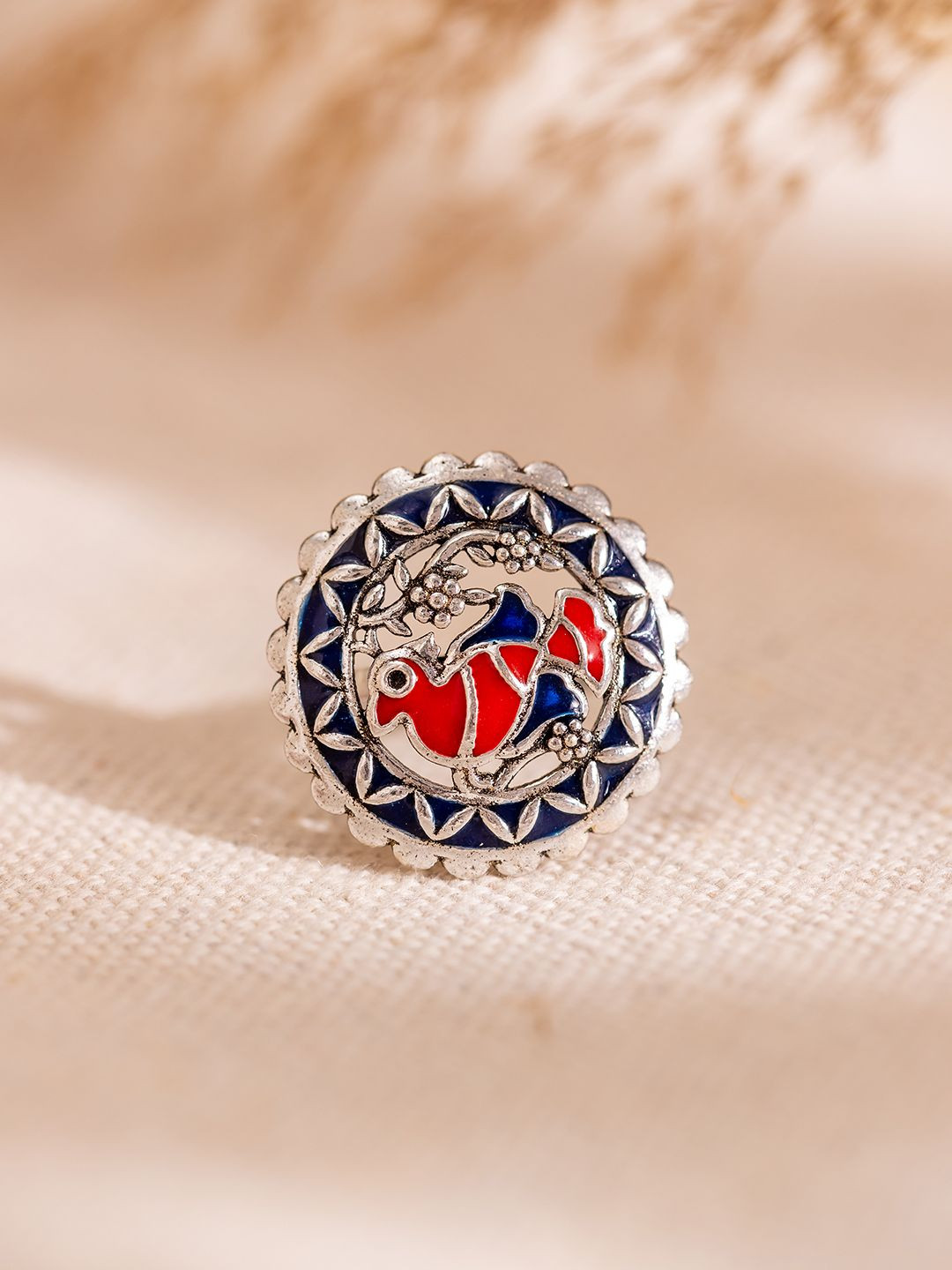 Voylla Madhubani Pakhi Phool Oxidised Enamel Ring