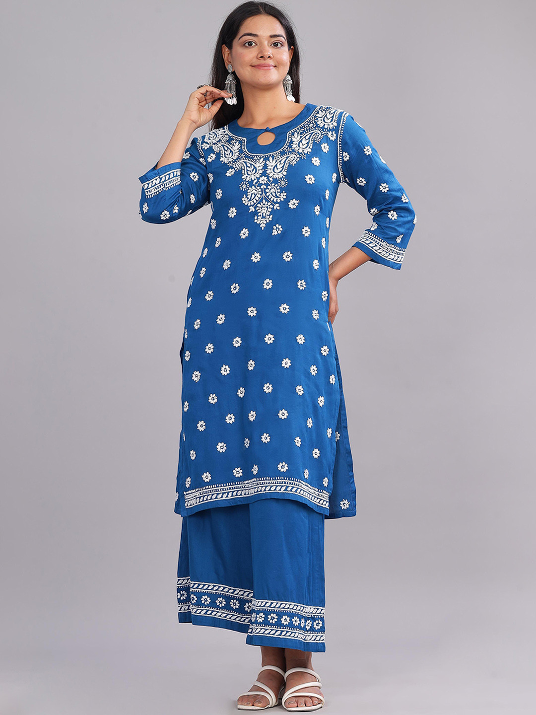 Club Loom Floral Embroidered Chikankari Round Neck Straight Kurta With Palazzos