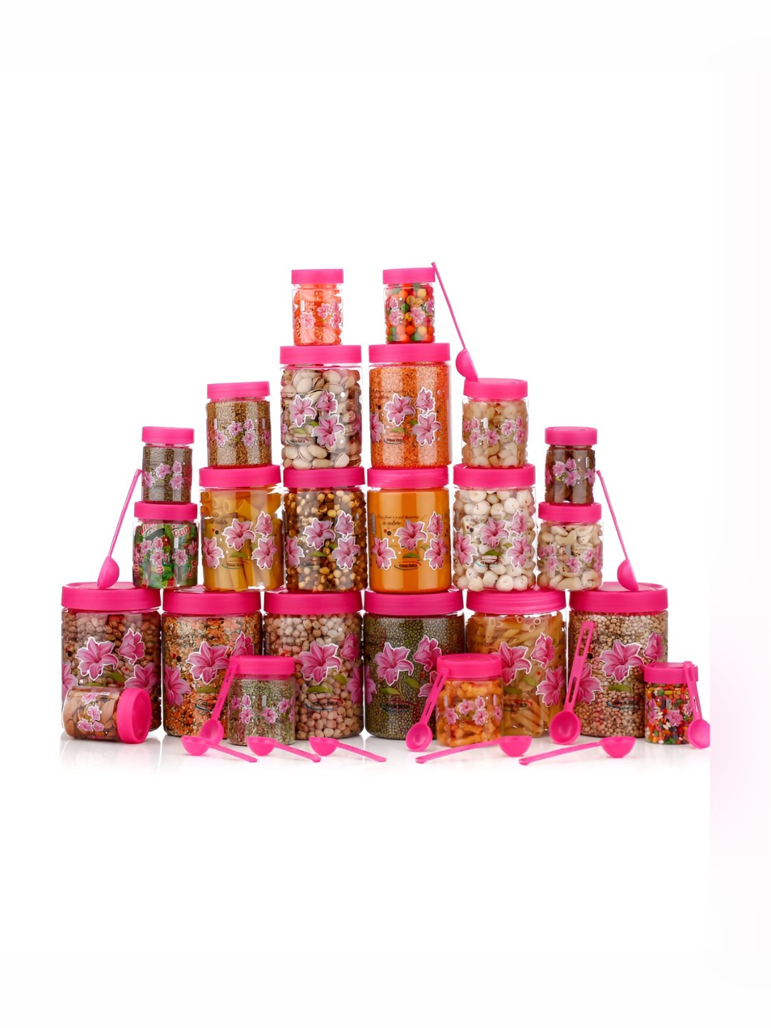 Myntra Elegant Homes Pink Floral Plastic Air Tight 24 Piece Screw Top Canister