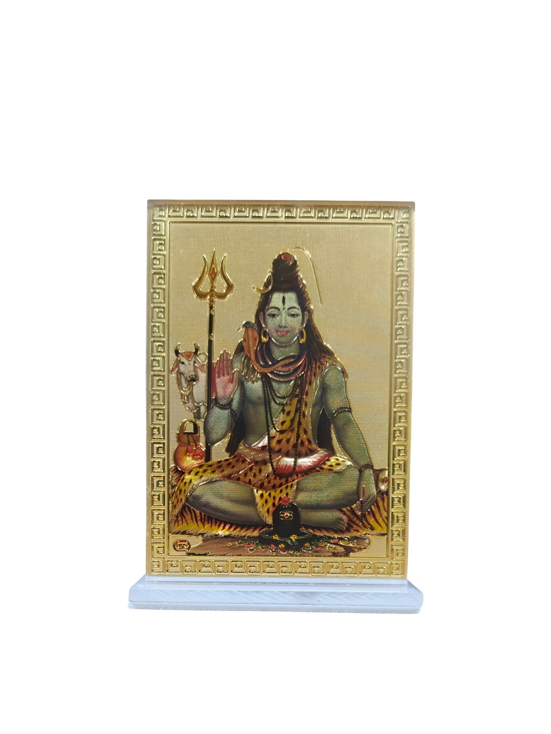 Adhvik Lord Mahadev Photo Gold Acrylic Metallic Prayer Room Tiny Showpiece - 3.5 Inches