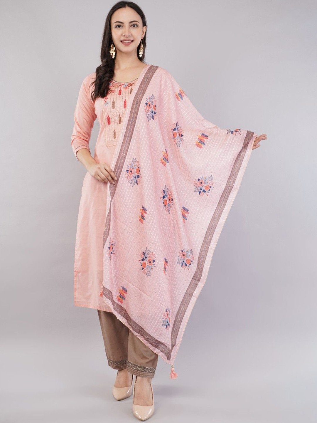 JIDI FASHION Yoke Design Thread Work Regular Kurta With Trousers & Dupatta