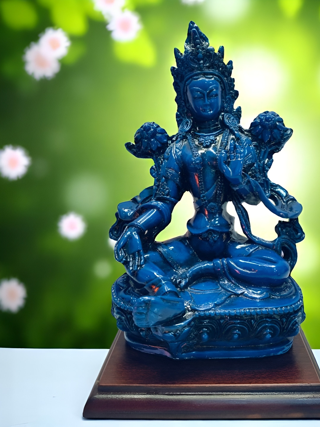 GLOBAL AROMA Tara Maa Blue Resin Natural Prayer Room Small Showpiece - 7.9 Inches
