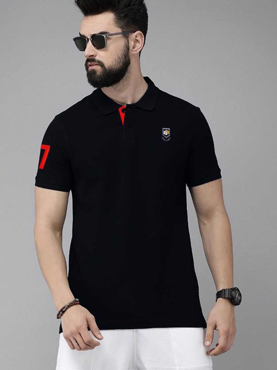 Bishop Cotton Polo Collar Cotton Applique T-shirt With Chest Embroidery