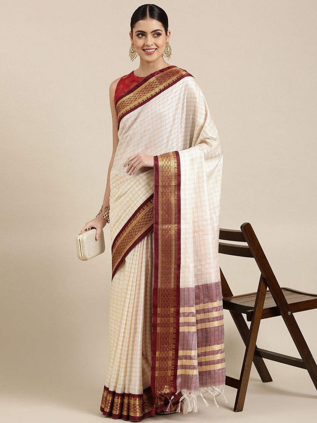 yourwish Checked Zari Pure Cotton Banarasi Saree