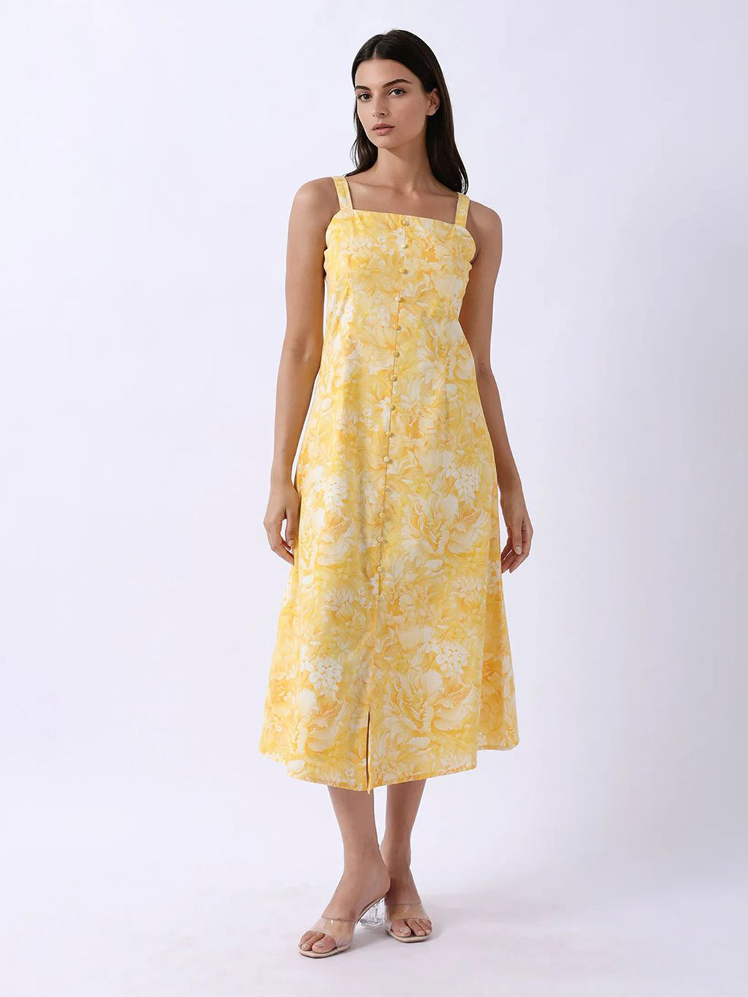 RAREISM Nujon Women Yellow Floral Printed A-Line Midi Dress