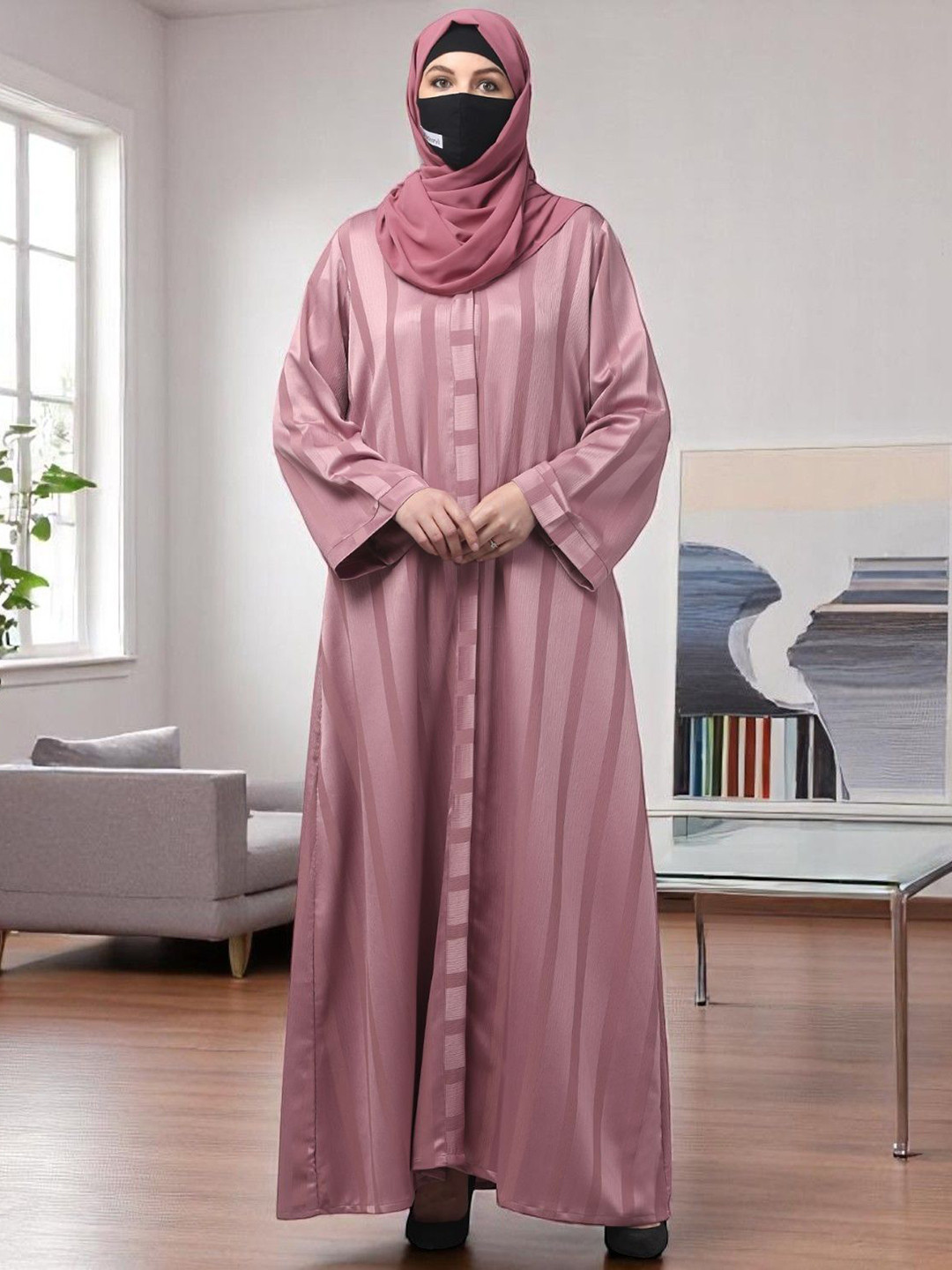 BASHARIYA Textured Striped Front Open Abaya