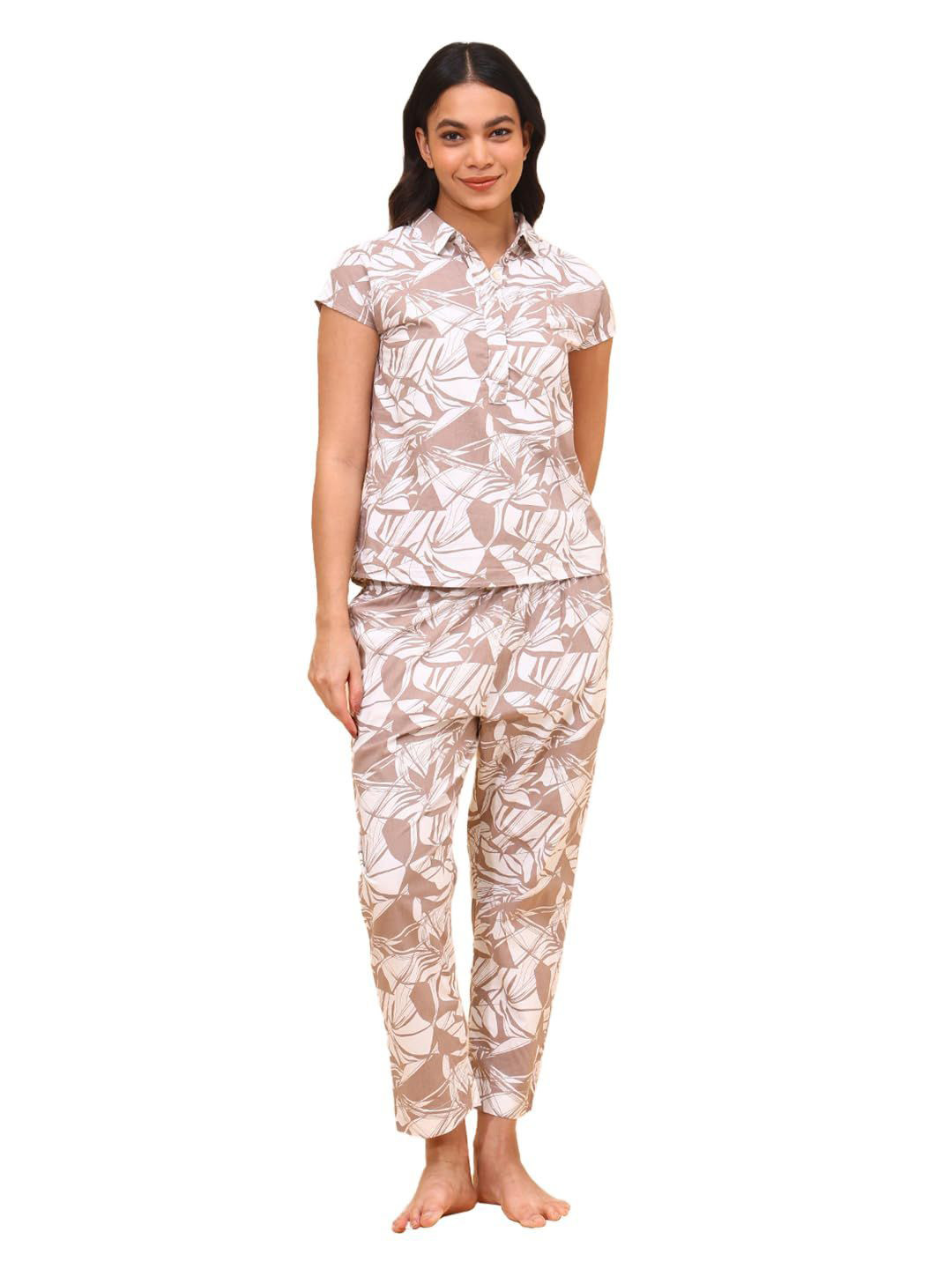 YELLOW BLOOM Printed Pure Cotton Shirt Collar Night Suit