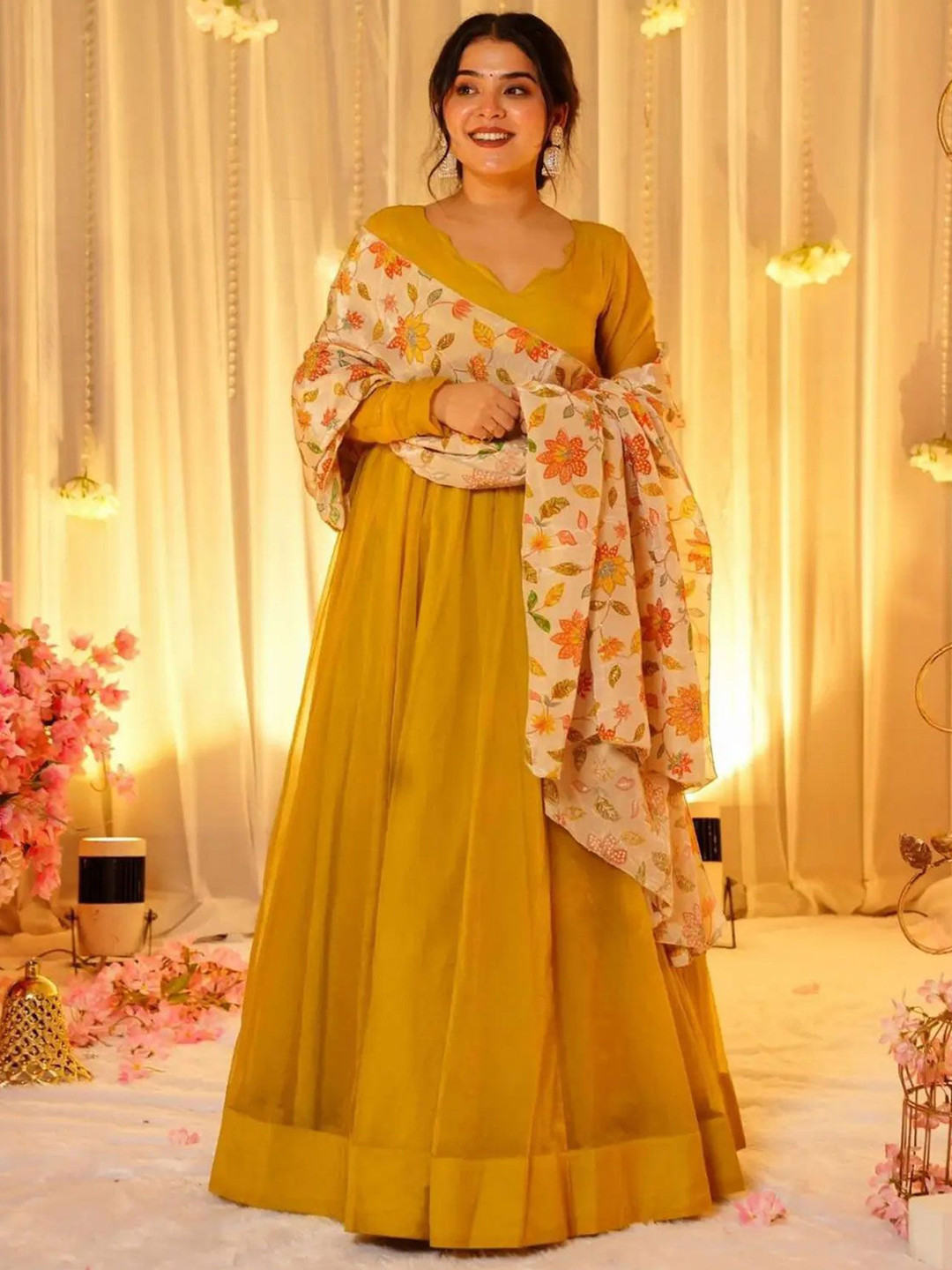 TextileNow Gown Maxi Ethnic Dress With Printed Dupatta
