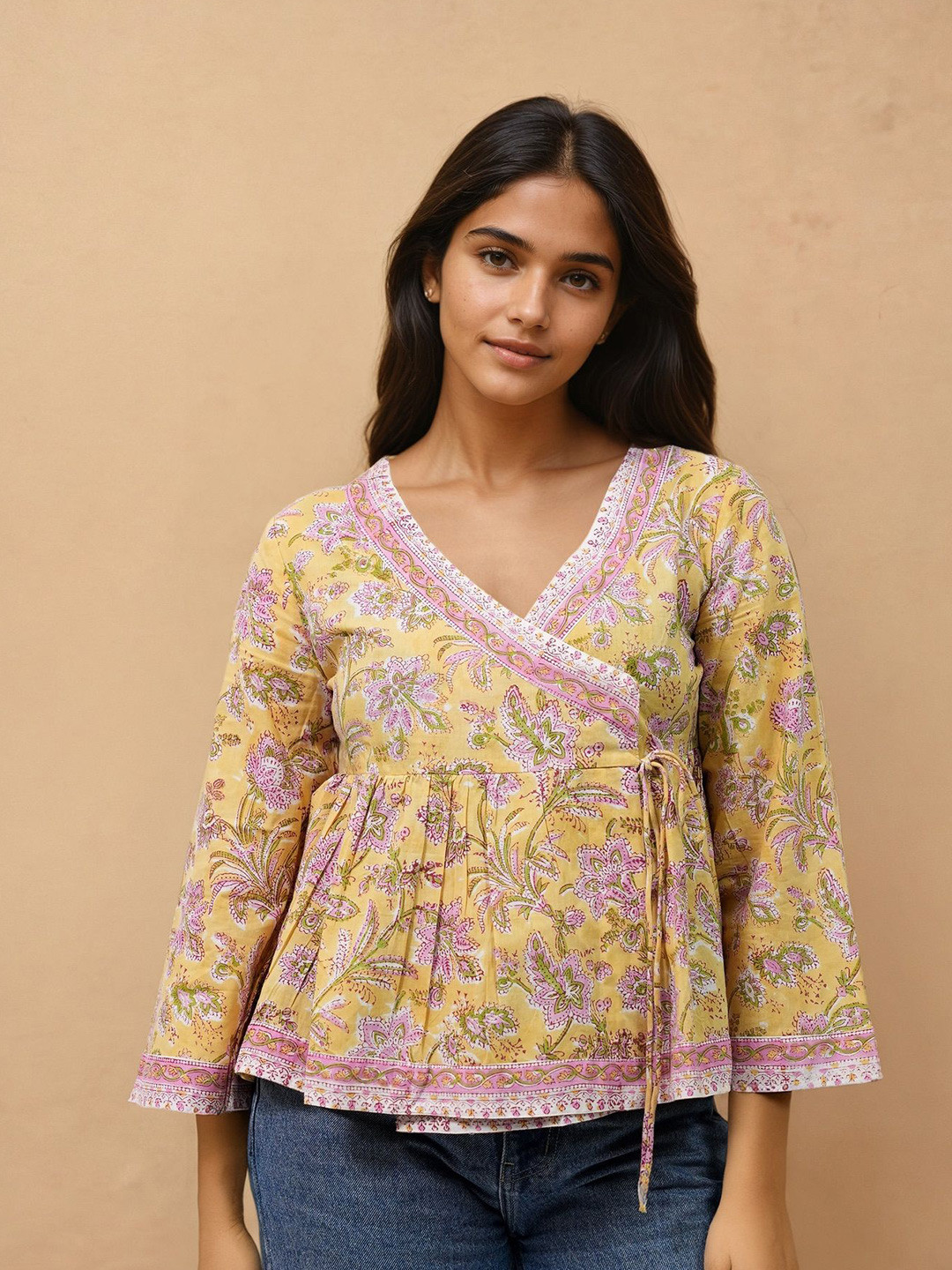 SPARROW Floral Printed Yellow Anarkali Top