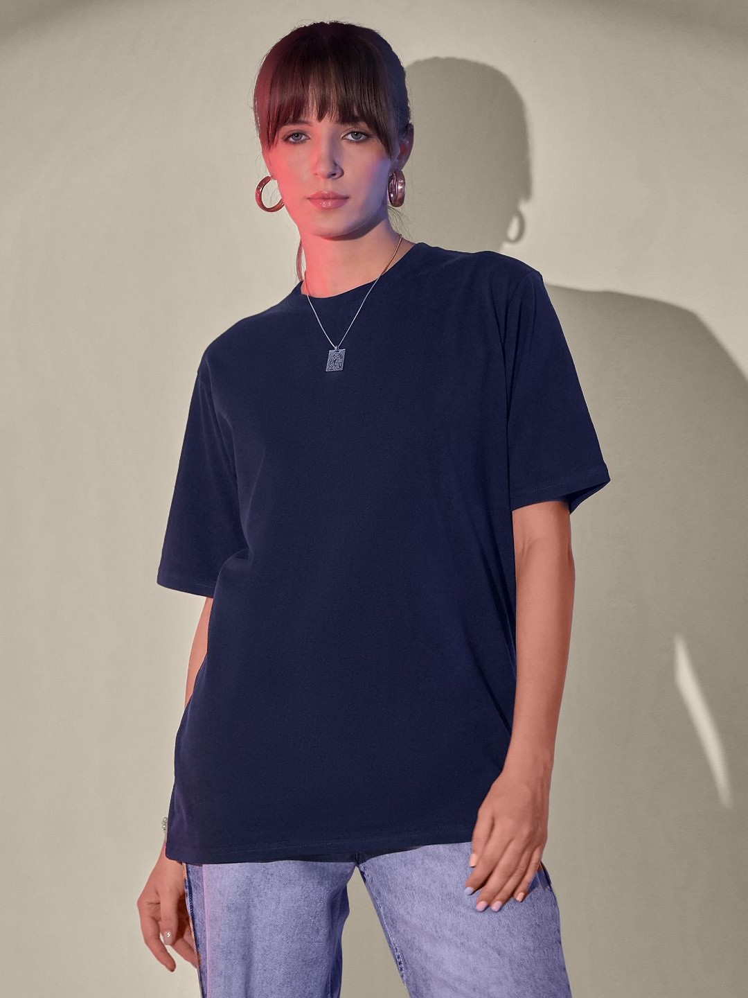 QIOA Round Neck Drop-Shoulder Sleeves Cotton Oversized T-shirt