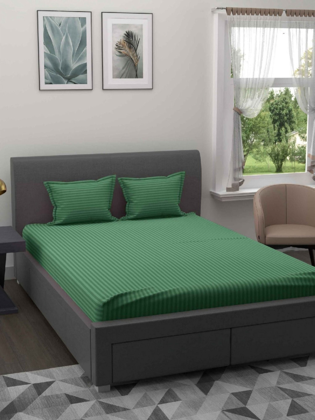 Aura Fluorescent Green Striped Cotton 180 TC King Bedsheet Set 2.70 m x 2.25 m