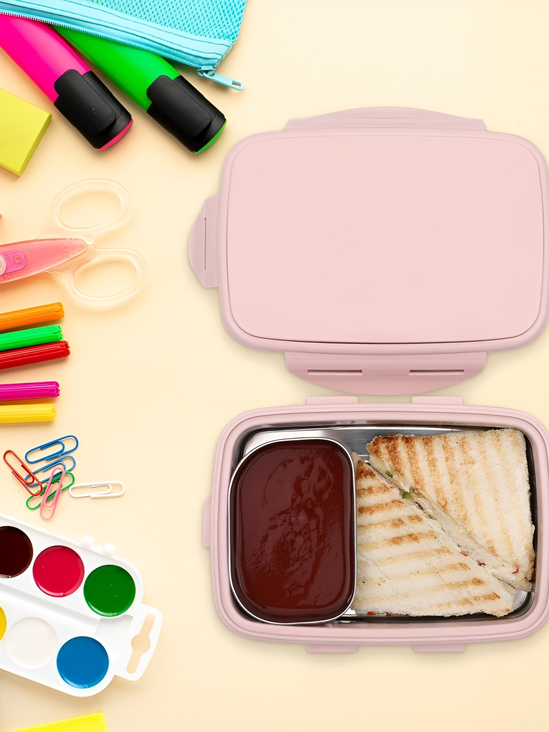 JAYPEE WAVE SR. Pink Solid Plastic Easy to Clean 1PCs Lunch Box With Spoon and Fork