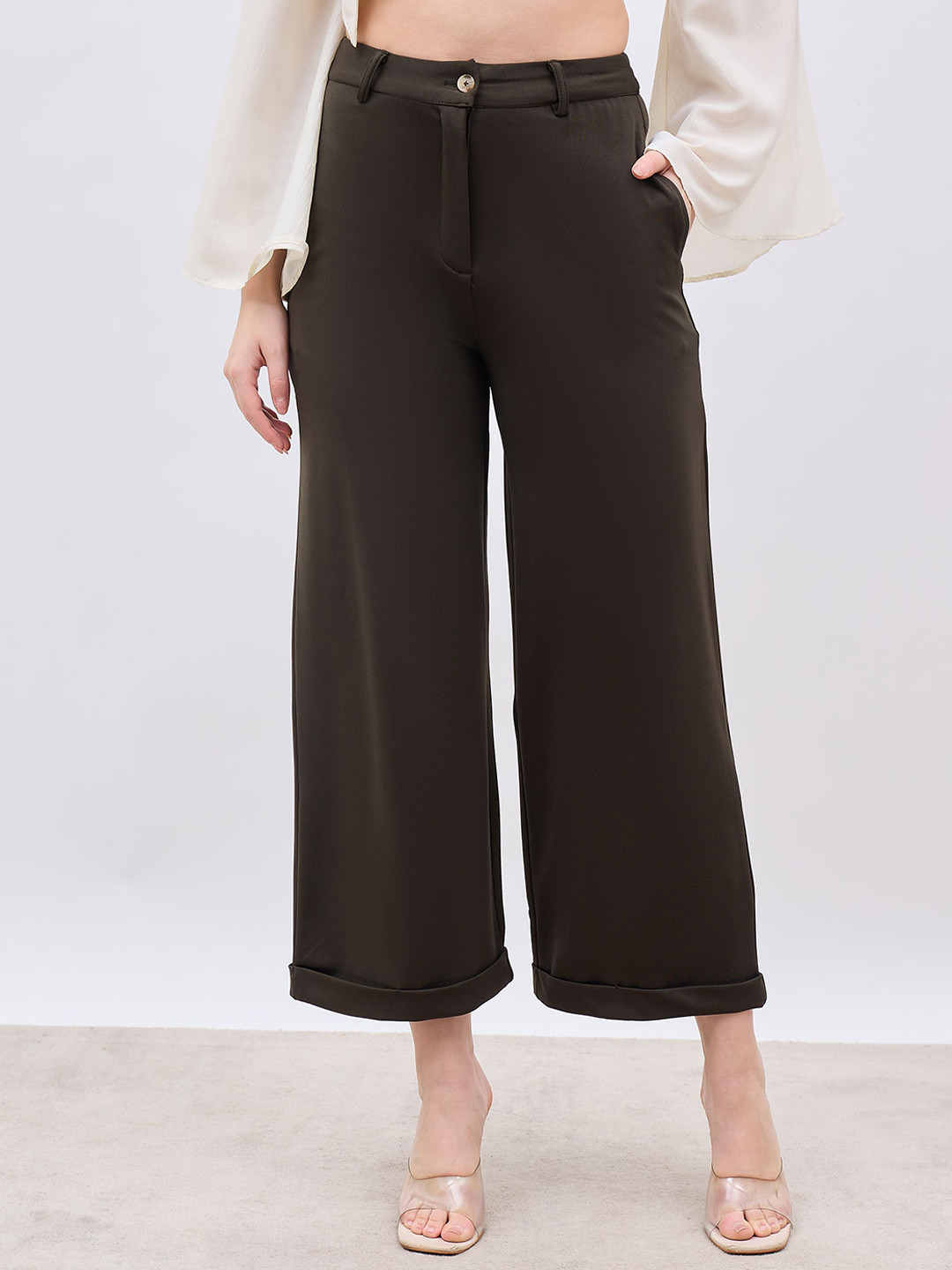 Styli Women Wide Leg High Waist Casual Trousers With Folded Hemline