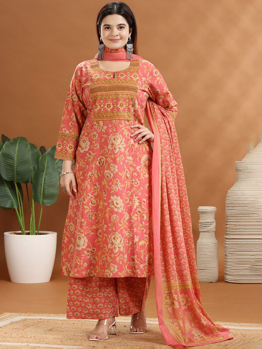 COTTON CULTURE Women Peach Jaipuri Cotton Straight Printed Kurta Pant Suit Set