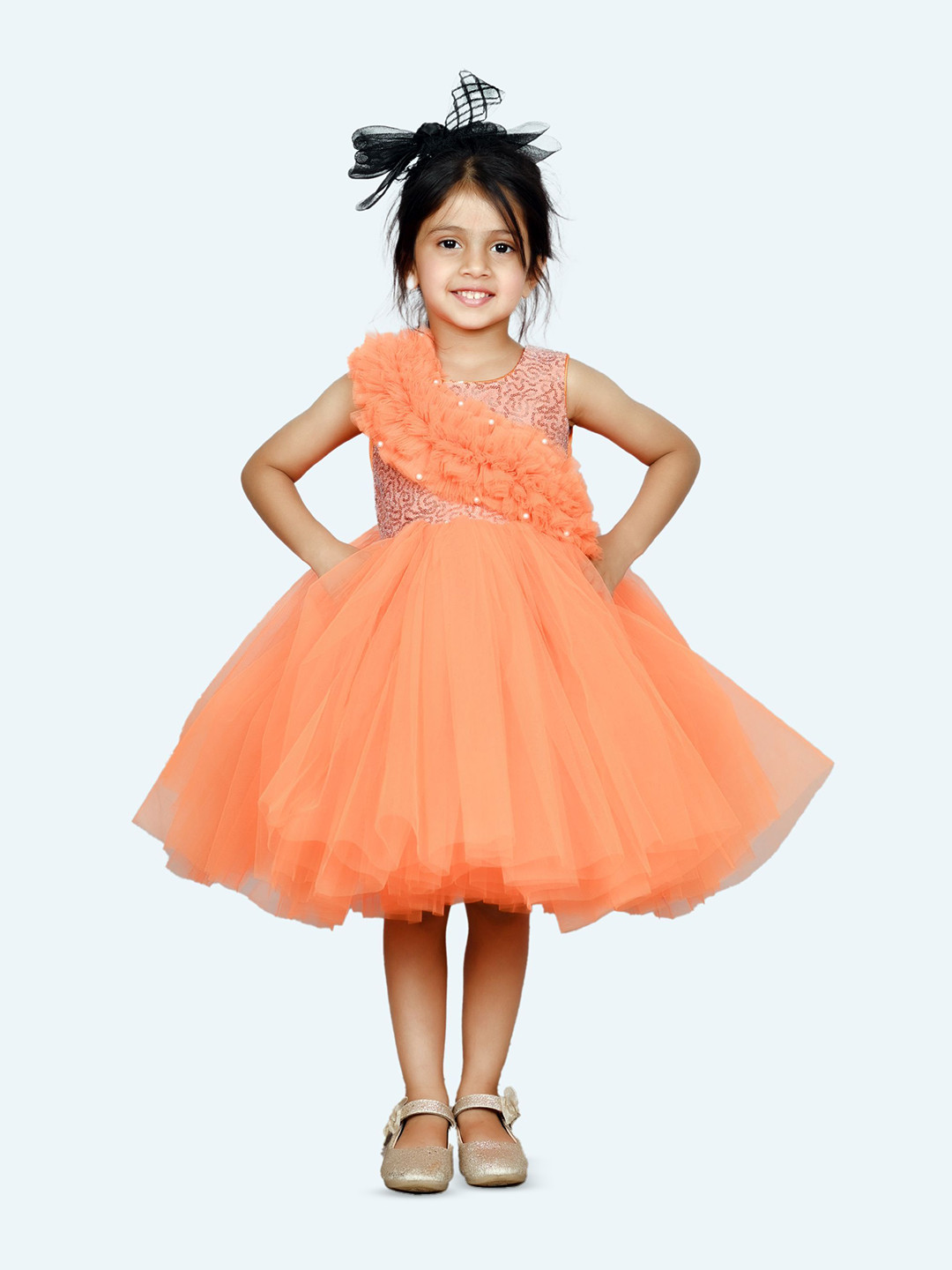 Modish Girl's Embellished Ruffles Sleeveless Fit & Flare Knee Length Dress