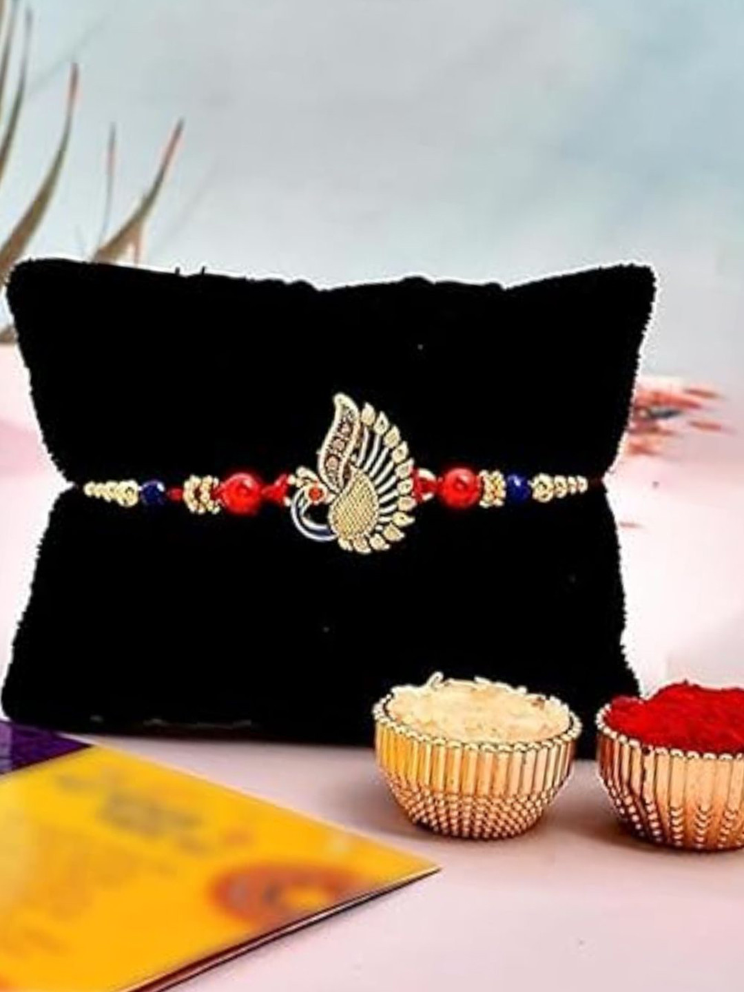 CraftVatika Men Gold Plated Peacock Rakhi With Greeting Card
