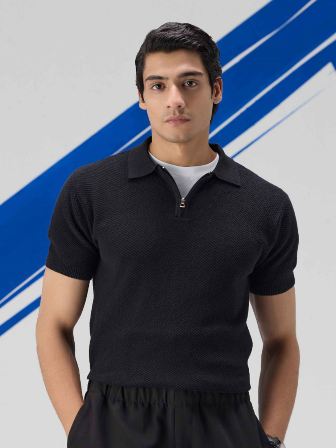 UNSTD Men  Textured  Zipper Polo Cotton T-Shirt