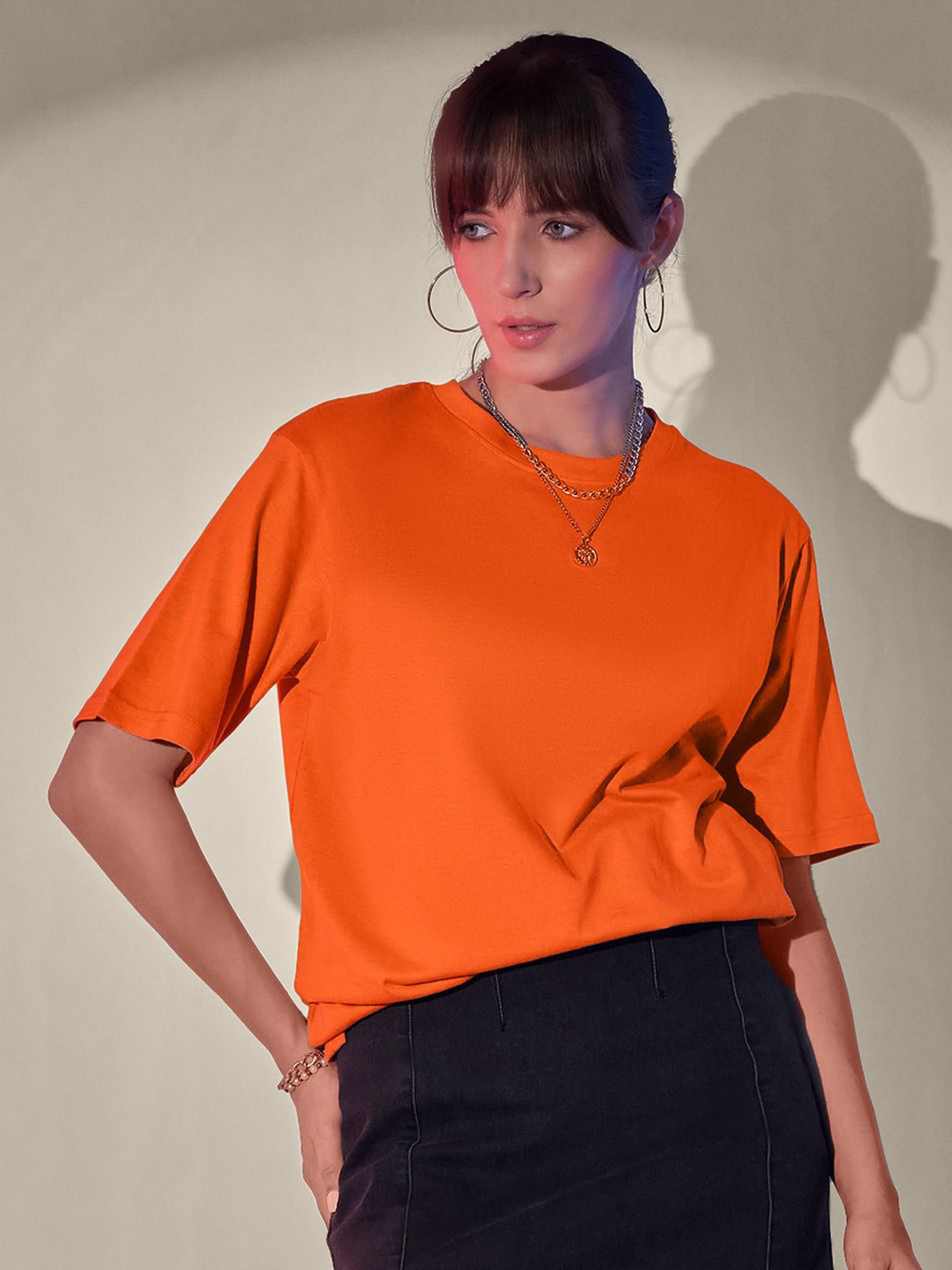 Orange Round Neck Regular Fit Cotton T-shirt