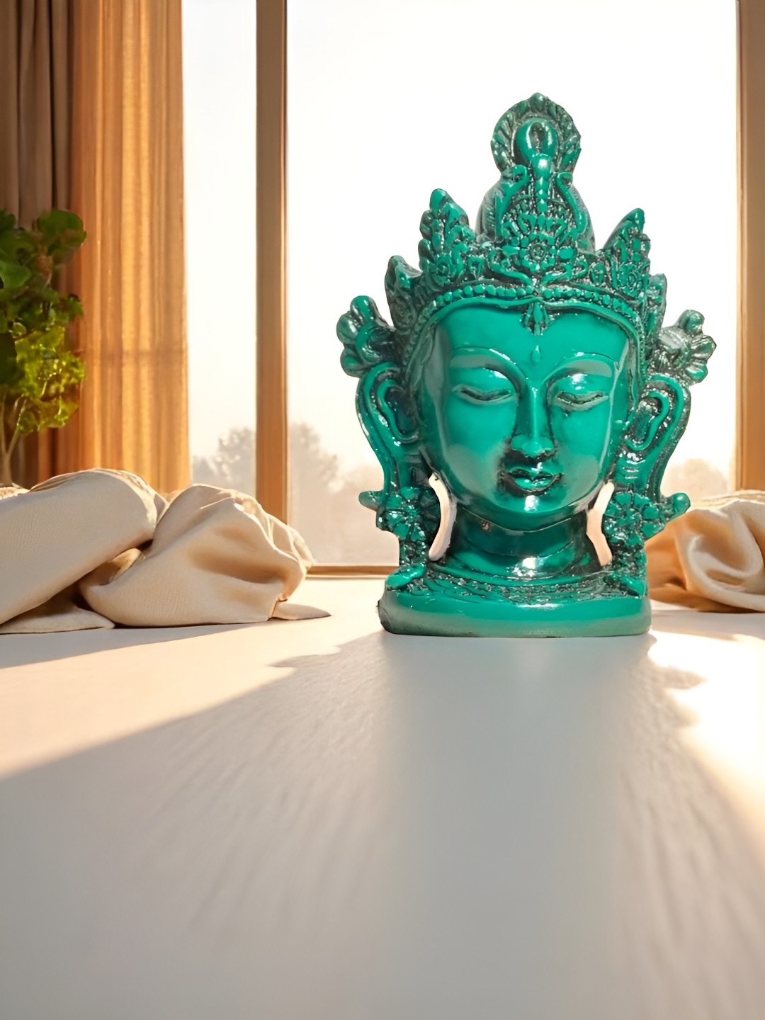 GLOBAL AROMA Tara Maa Head Green Polyresin Matte Prayer Room Small Showpiece - 5.7 Inches