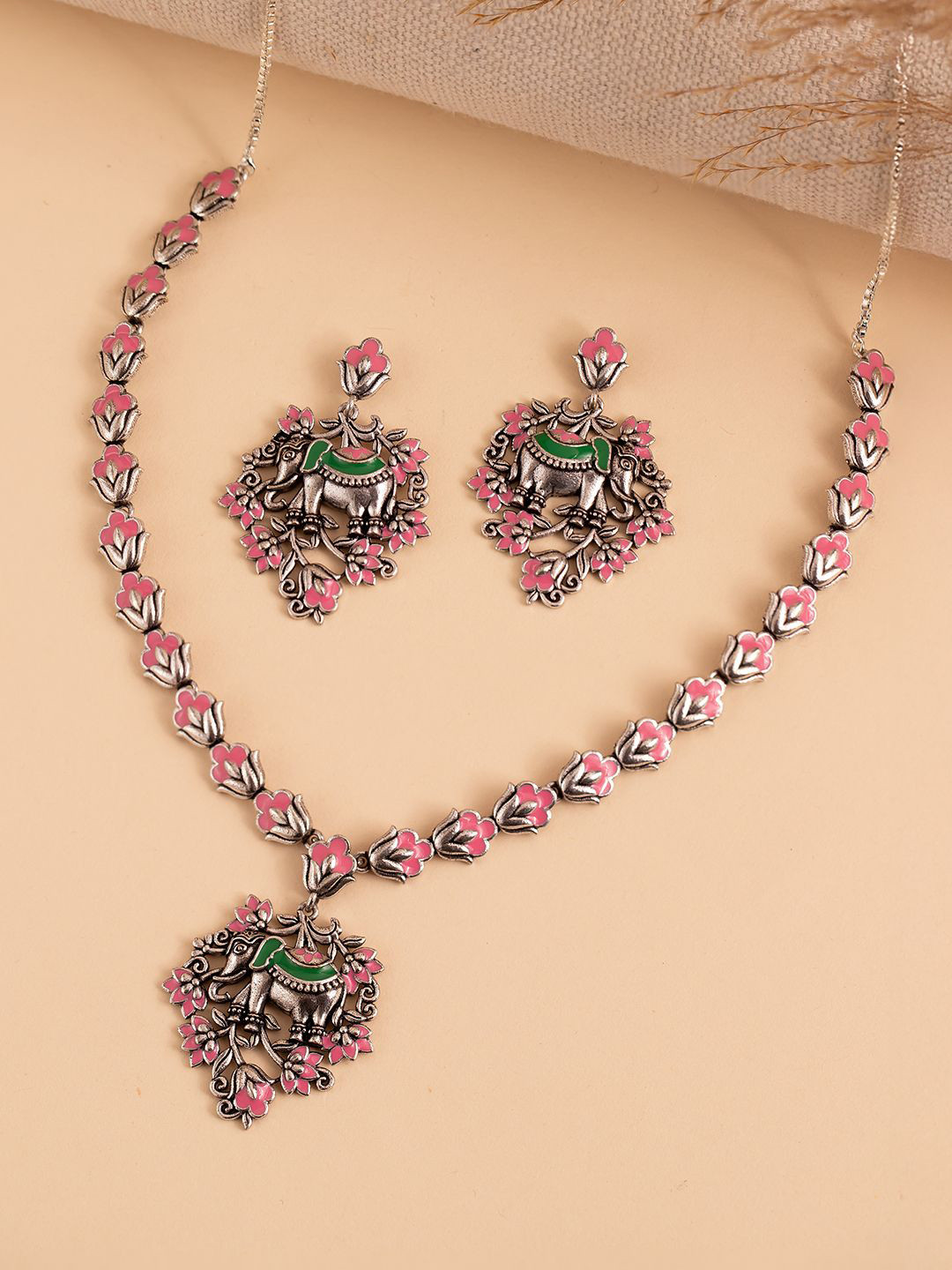 Madhubani Gajraj Garden Oxidised Enamel Necklace Set