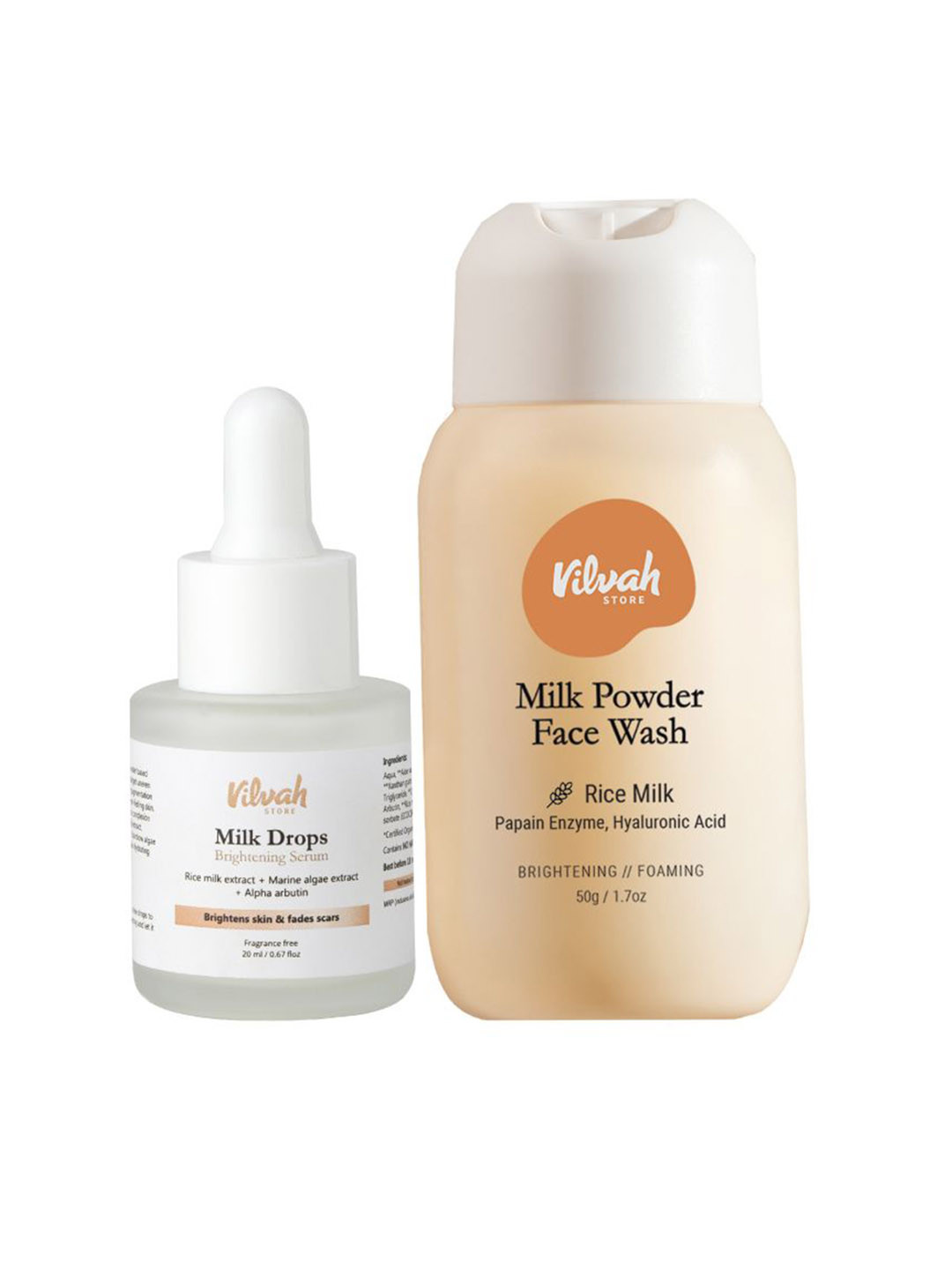 Vilvah Store Set Of 2 Milk Powder Face Wash- 50 g & Milk Drops Brightening Serum- 20 ml