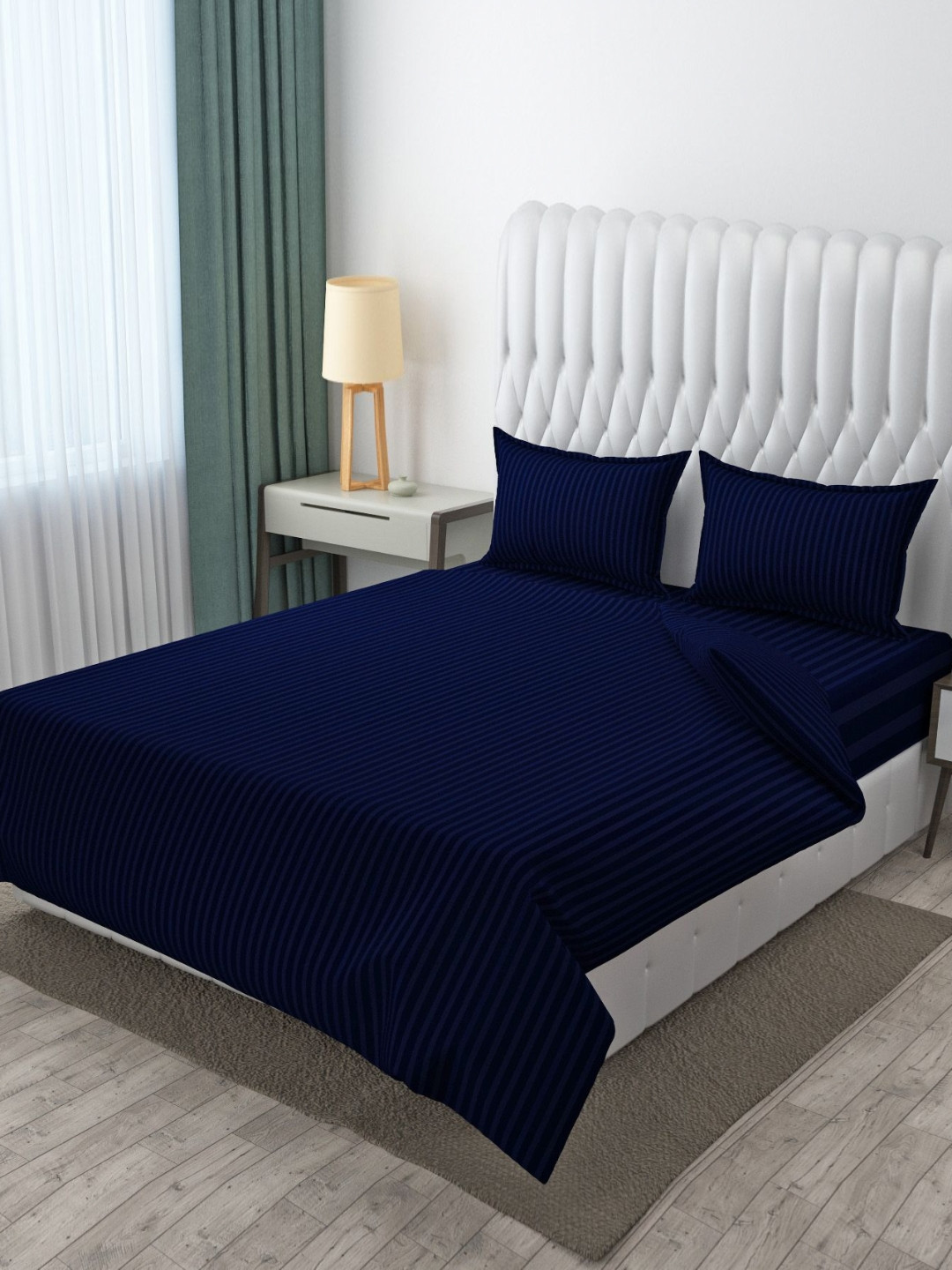 MOGNE FAB Blue Striped Poly Satin 210 TC King Fine Bedsheet with 2 Pillow Covers-90 x 100 inches