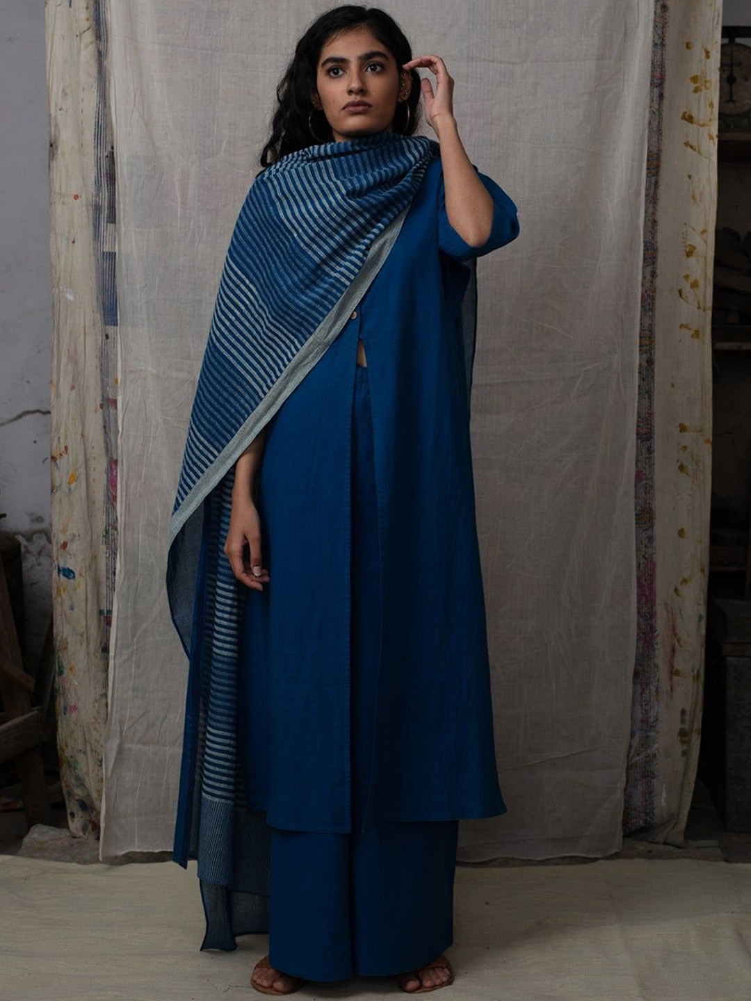 Banana Labs Round Neck Hight Slit Pure Cotton A-Line Kurta With Palazzos & Dupatta