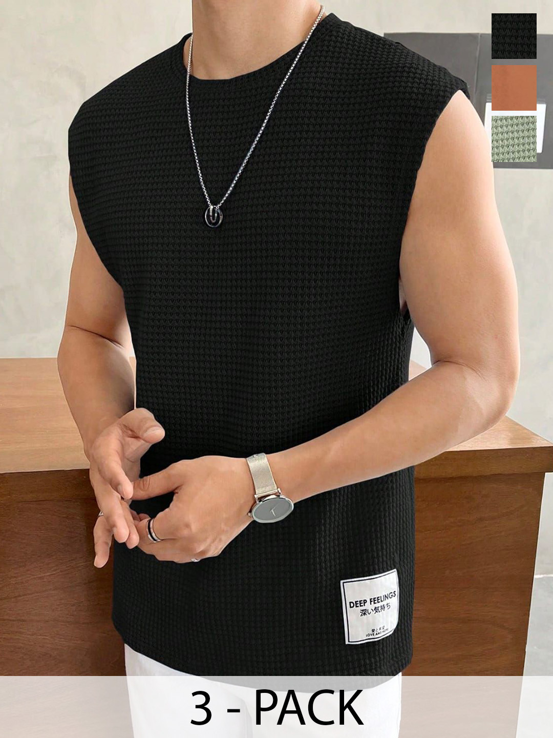 Calcados Pack Of 3 Round Neck Stretchable Gym Vest - Vest-blk,grn-sandoz-brn-S
