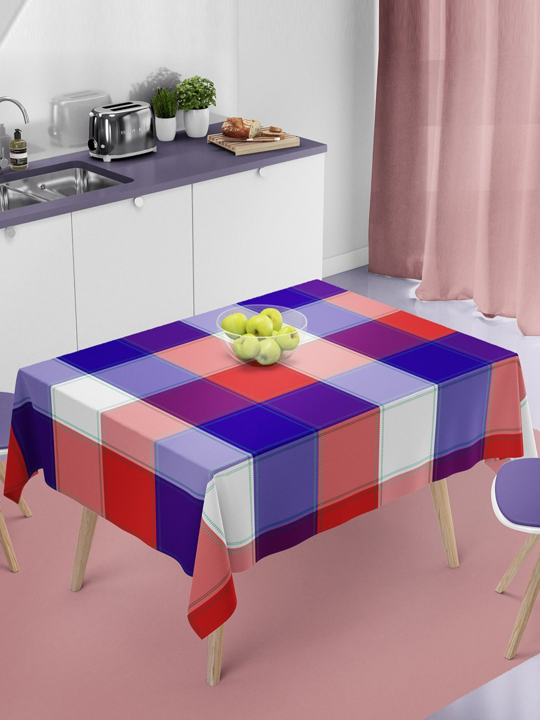 HOME COLORS.IN Blue & Red Checked Cotton 4 Seater Square Table Cover