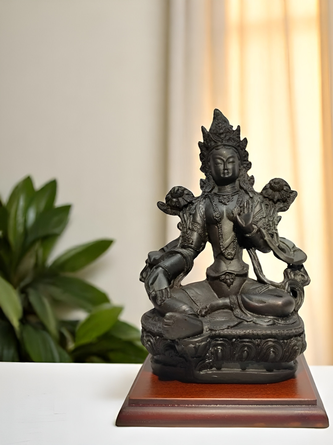 GLOBAL AROMA Tara Maa Black Polyresin Glossy Prayer Room Small Showpiece - 5.9 Inches