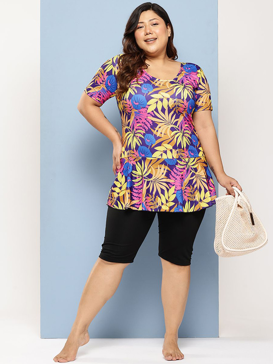 Aarika Floral Printed Plus Size Swim Suit With Swim Cap