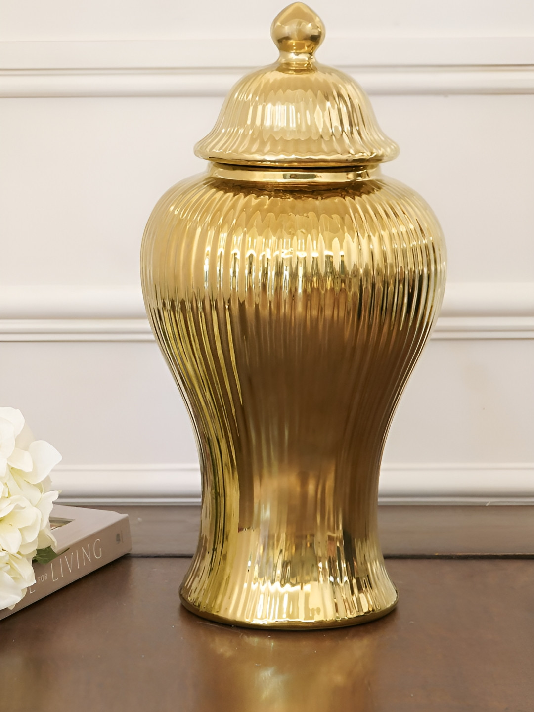 RCASA Yellow Fluted Ceramic Urn Big Vase With Lid
